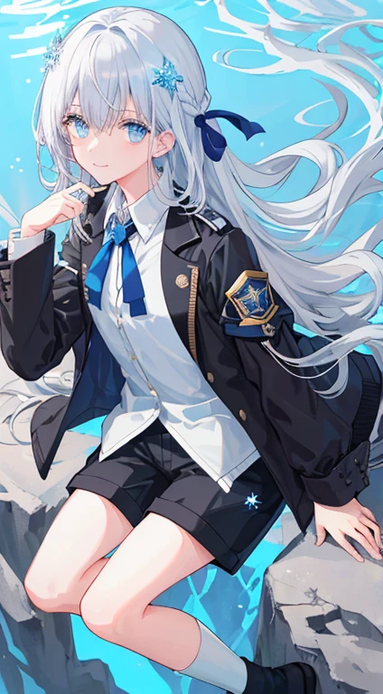 ((highest quality)), ((masterpiece)), ((super detailed)), (very delicate and beautiful), with a girl, solo, cold attitude,((black jacket)),she is very(relax)with(Calm)Appearance,black haired, Depth of the bounds written,evil smile,bubble, underwater, Air bubbles,bright light blue eyes,Inner color of light gray hair and light blue tips,,,,,,,cold background,Bob Hair - Linear Art, shorts、knee high socks、Looks like a white uniform 、light blue ribbon tie、My clothes are transparent、put one's hand in one's pocket、Eyes that shine like sapphires,Fronresse Blue, A small blue light was floating、upper eye、broken glass、snowflake eyes、wonderful eyes