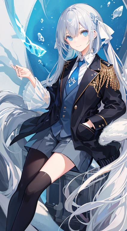 ((highest quality)), ((masterpiece)), ((super detailed)), (very delicate and beautiful), with a girl, solo, cold attitude,((black jacket)),she is very(relax)with(Calm)Appearance,black haired, Depth of the bounds written,evil smile,bubble, underwater, Air bubbles,bright light blue eyes,Inner color of light gray hair and light blue tips,,,,,,,cold background,Bob Hair - Linear Art, shorts、knee high socks、Looks like a white uniform 、light blue ribbon tie、My clothes are transparent、put one's hand in one's pocket、Eyes that shine like sapphires,Fronresse Blue, A small blue light was floating、upper eye、broken glass、snowflake eyes、wonderful eyes
