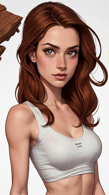 Character style illustration style Completely bare breasts showing small fear Breast size Cartoon name: Isabella Cruz white background medium breasts freckled face Hermione Granger actress strong contours Physical description - long straight hair, tingidos de um marrom vibrante que contrasta com sua pele clara. - You reflect a mix of curiosity and determination. - Ela tem uma estatura alta, with a slender and agile figure, evidenciando sua agilidade e destreza. -fundo colorido Design de personagens de retrato, beautiful digital illustration, retrato de alta qualidade, Arte em quadrinhos, Corpo inteiro sensualizando ou pelada. folha de retorno. return sheet member clothes of the day hell day expression love using gryffindor clothes