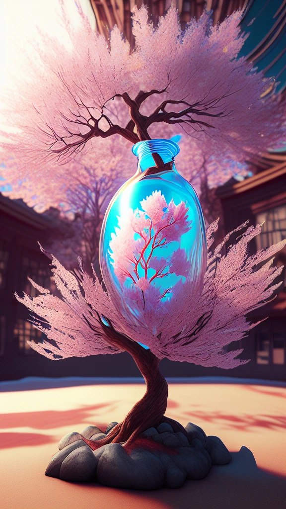 dream-likeart tree in a bottle, fluffy, realistic, photograph, canon, dream-like, art, Colorful leaves and branches with flowers on the head. hyperdetailed photographrealism by greg rutkowski - h 1024 w 804 | f16 lens mark 2:2 seconds 3555mm film grain :1 Realistic high resolution sharp focus contrast!! intricate detailed atmospheric light refraction lighting unreal engine 5 cinematic concept photographgraphy masterpiece octane render trending at cgsociety rendered as,Falling cherry blossoms