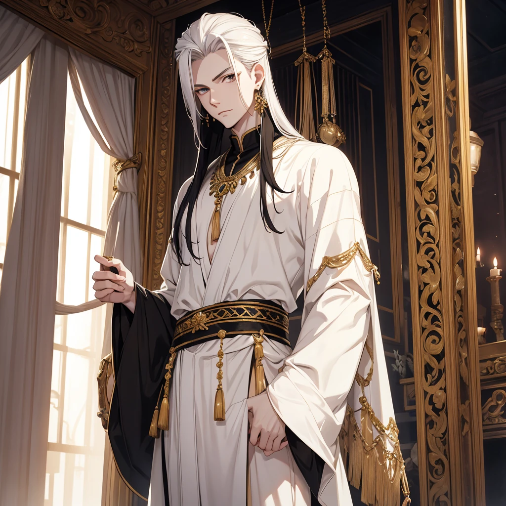 Pale skin, looking at the camera, relaxed, ancient outfit, adorned with jewellery, good looking, boy, tall, muscular, anime, black long hair, curtains hairstyle.