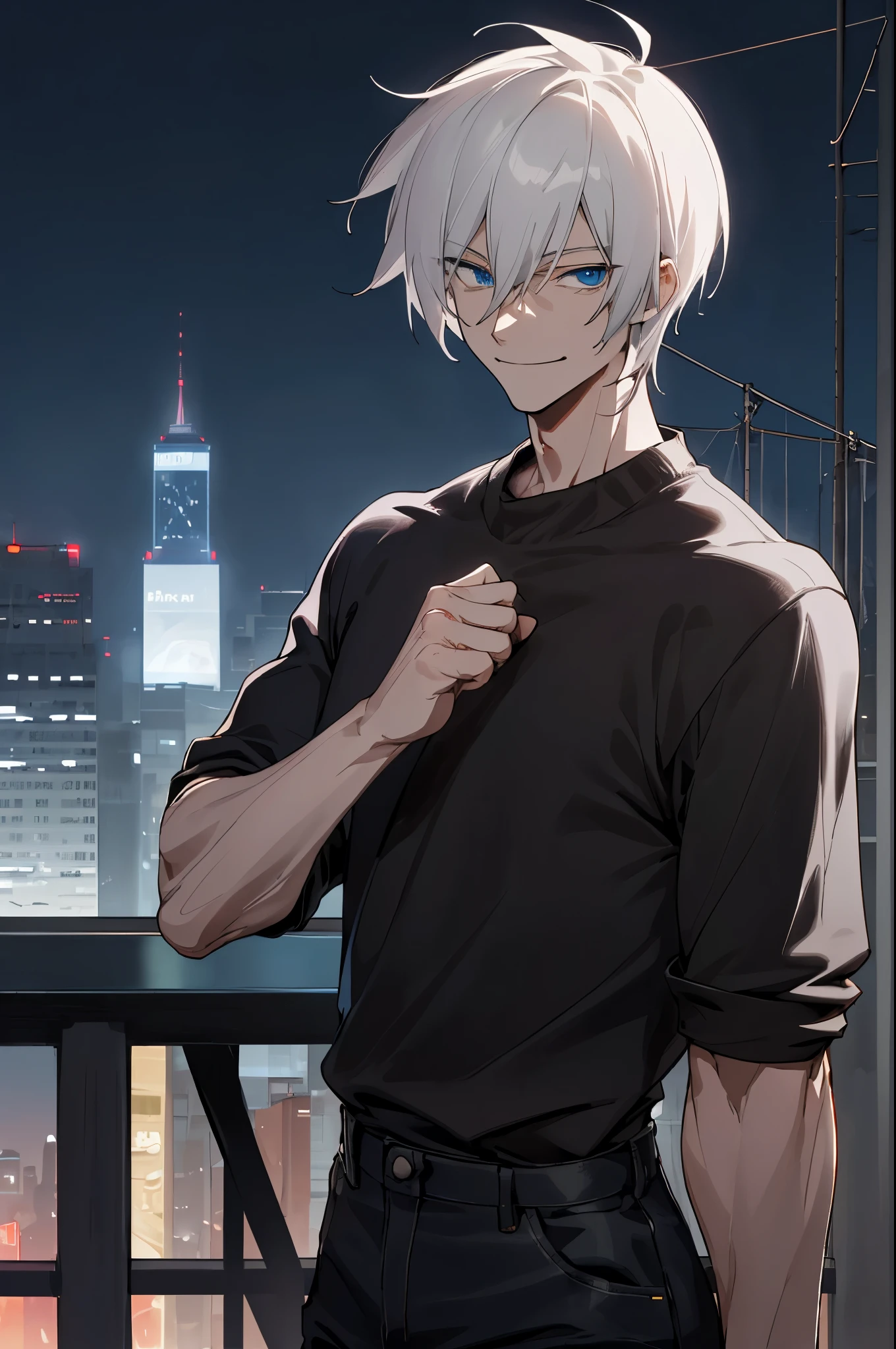 1man, mature, wearing a sweater and jeans, short, messy blackhairEyes: blue eyes, slender body, muscle body, , tokyo, night in the background. Smiling sinister
