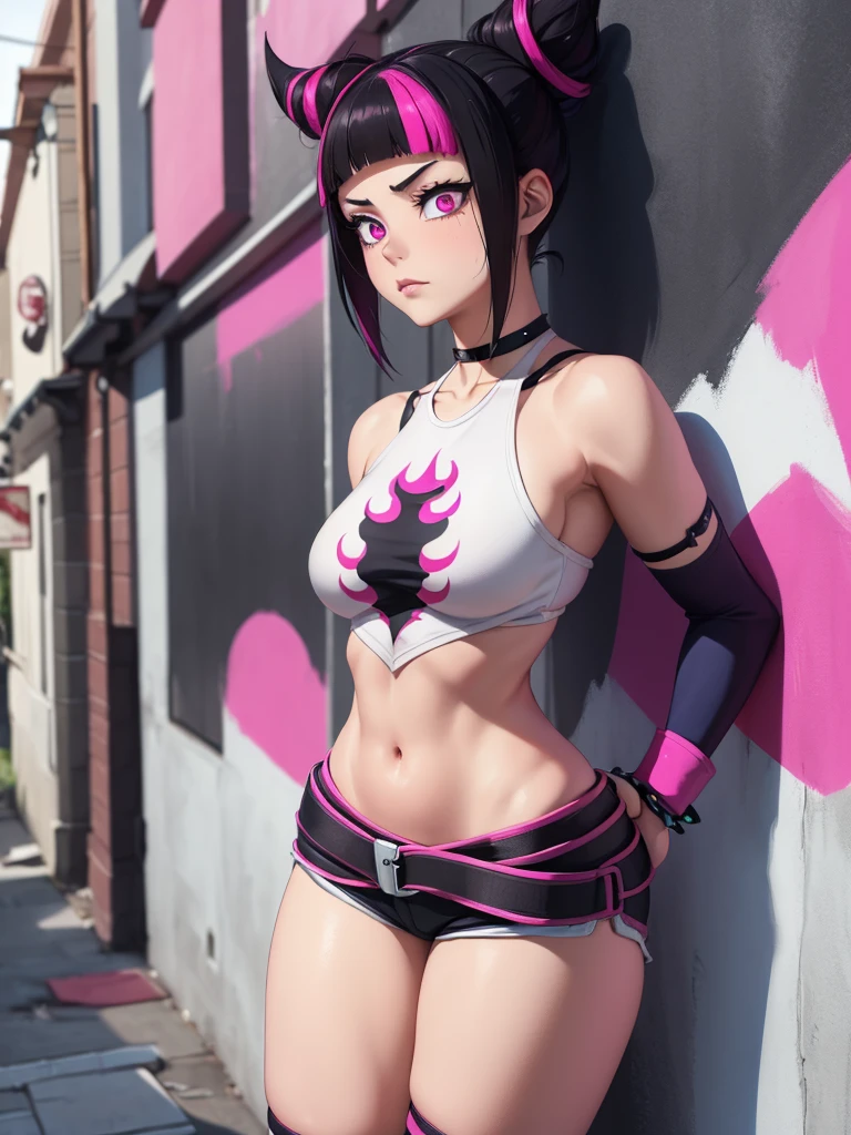 { - anatomy error} (Masterpiece - Ultra-detailed, very high resolution)Juri Han,Masterpiece, Best Quality, 1girl, report, crop-top, jean shorts, Choker, (graffiti:1.aint splatter, (Hands Behind Your Back), Against a wall, looking a viewer, A bracelet, thigh strap, Paint on the body, tilt of head, bored, fiery hair color, Rainbow-colored eyes,juri han,rosto yandere,brava
