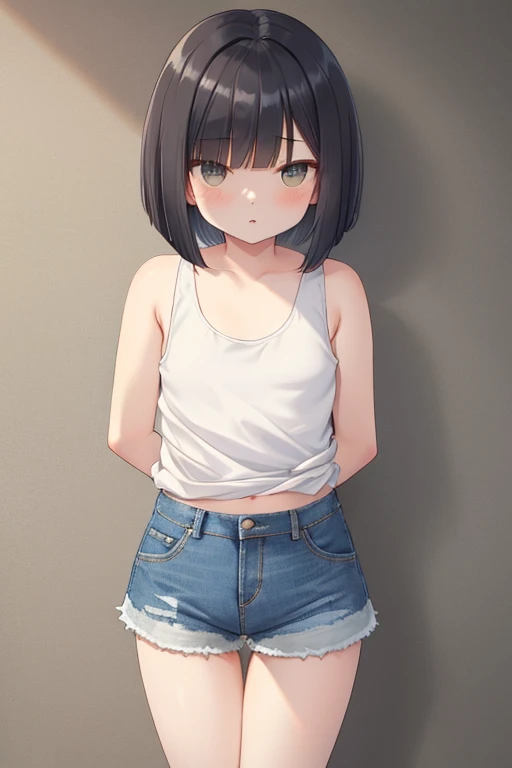 short tank top,Denim shorts,bob cut,short bangs