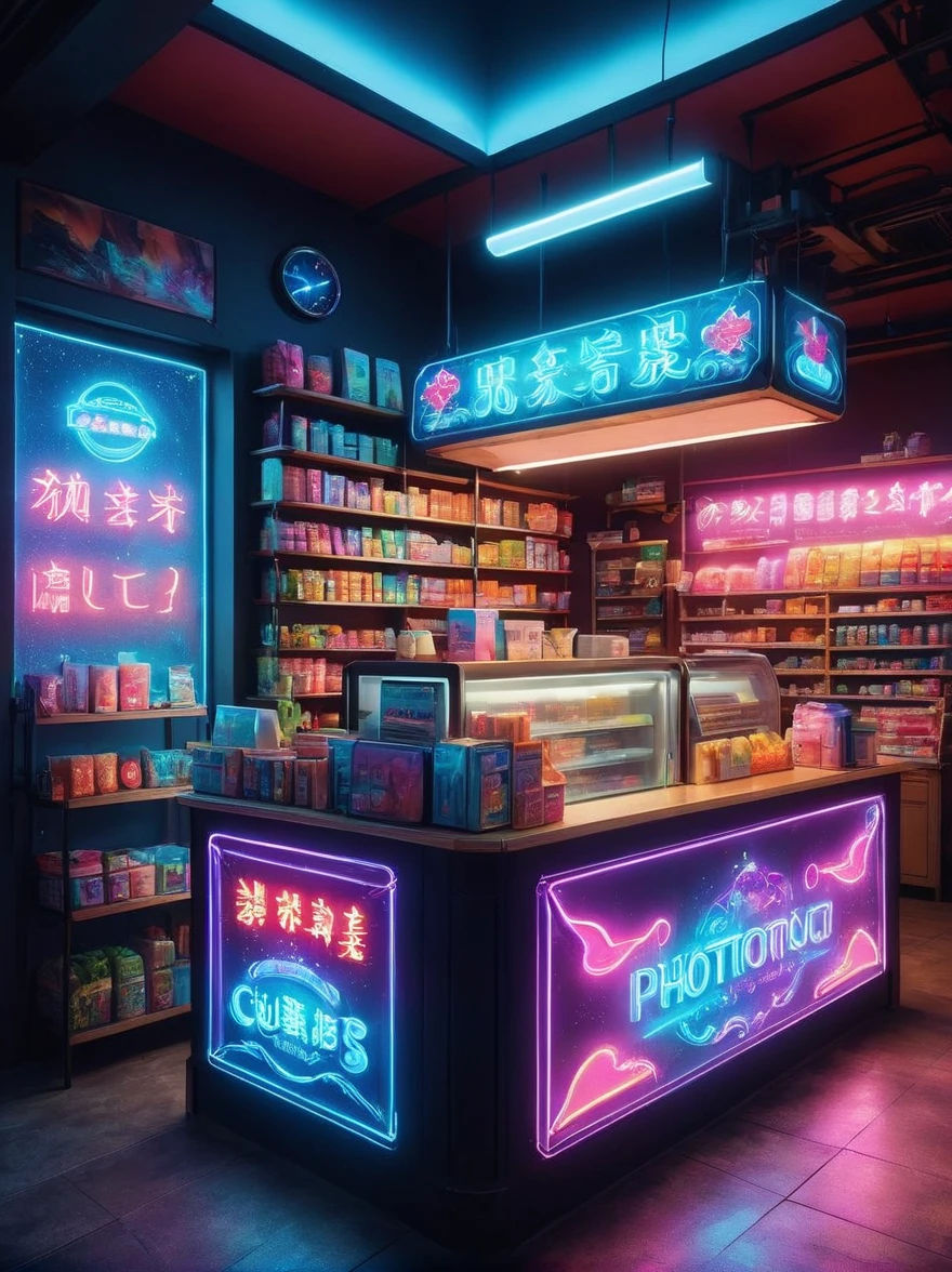 (一家cute而欢乐的午夜便利店:1.3),(由各种cute的水果组成的店员正在整理货物),Thick fog shrouded,Neon lights闪烁,Colorful,Bright and colorful,dramatic lighting,Fantasy,Fantasy,cute,Exquisite convenience store interior,Thick fog pervades,Neon lights,Detailed convenience store interior,Mood lighting,Stand behind the counter,highest quality,8k,high resolution,(master level:1.2),Super details,Realistic,(Photorealism:1.3)