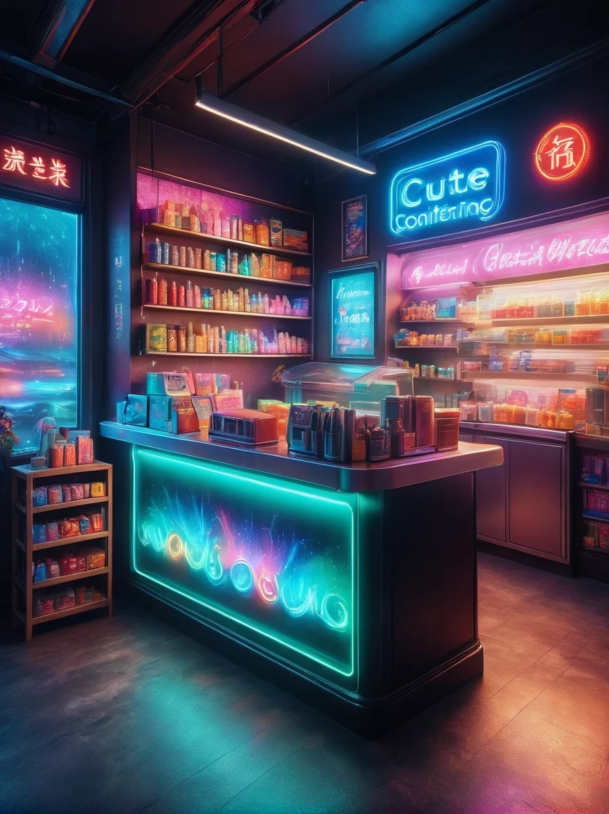 (一家cute而欢乐的午夜便利店:1.3)，(由各种cute的水果组成的店员正在整理货物)，Thick fog shrouded，Neon lights闪烁，Colorful，Bright and colorful，dramatic lighting，Fantasy，Fantasy，cute，Exquisite convenience store interior，Thick fog pervades，Neon lights，Detailed convenience store interior，Mood lighting，Stand behind the counter，highest quality，8k，high resolution，(master level:1.2)，Super details，Realistic，(Photorealism:1.3)
