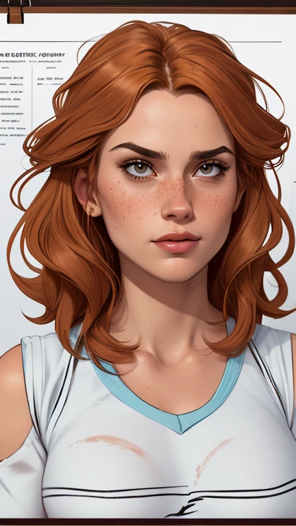 Character style illustration style Completely bare breasts showing small fear Breast size Cartoon name: Isabella Cruz white background medium breasts freckled face Jennifer Connelly actress strong contours Physical description - long straight hair, tingidos de um marrom vibrante que contrasta com sua pele clara. - You reflect a mix of curiosity and determination. - Ela tem uma estatura alta, with a slender and agile figure, evidenciando sua agilidade e destreza. -fundo colorido Design de personagens de retrato, beautiful digital illustration, retrato de alta qualidade, Arte em quadrinhos, Corpo inteiro sensualizando ou pelada. folha de retorno. return sheet member clothes of the day hell day expression of hate and blood on the face