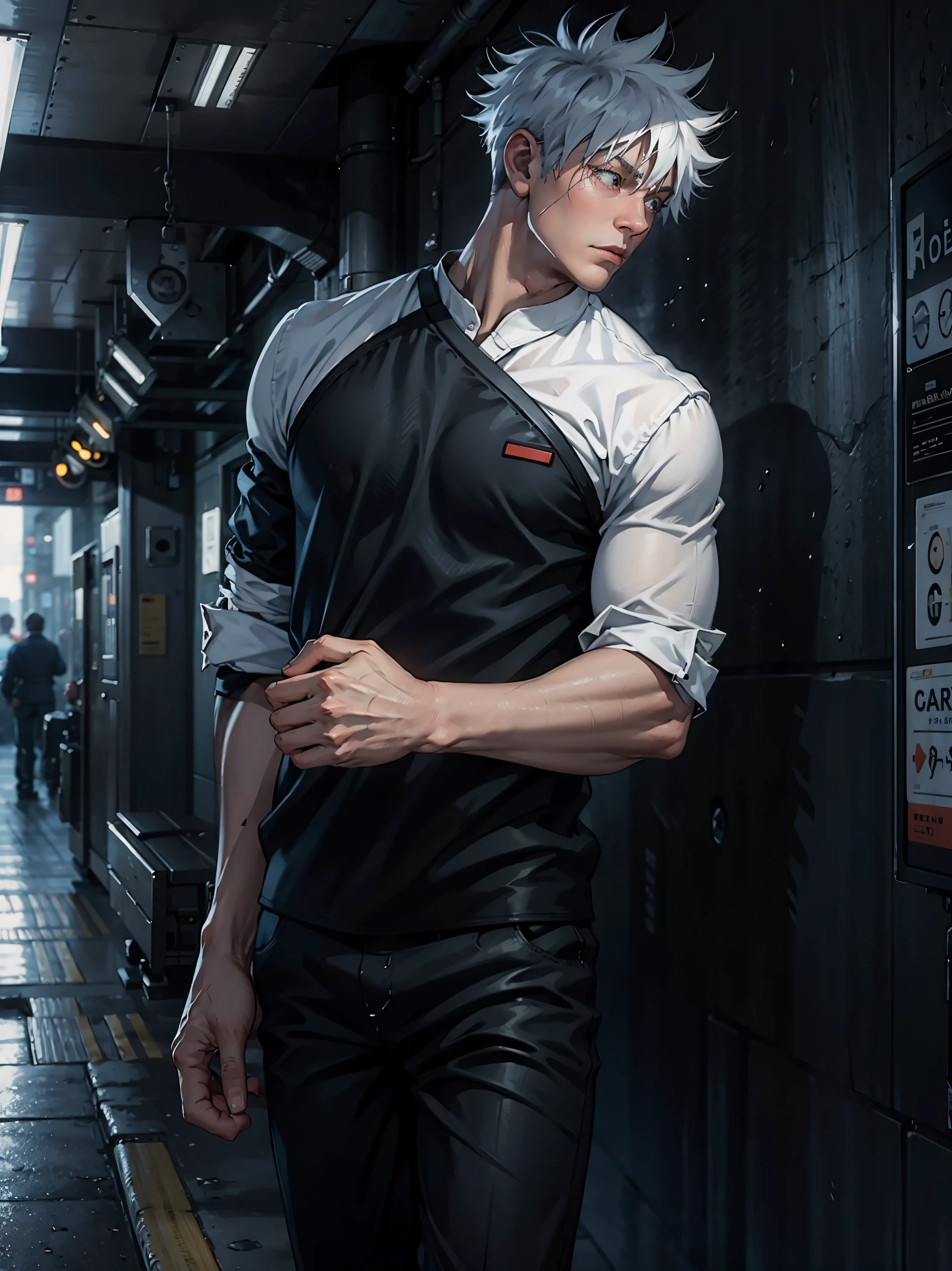 (best quality, highres:1.2),ultra-detailed,realistic,portrait,Satoru Gojo,metro station,solitary,train tracks,black and white hair,train in the background,cityscape,night scene,light reflections,shadow play