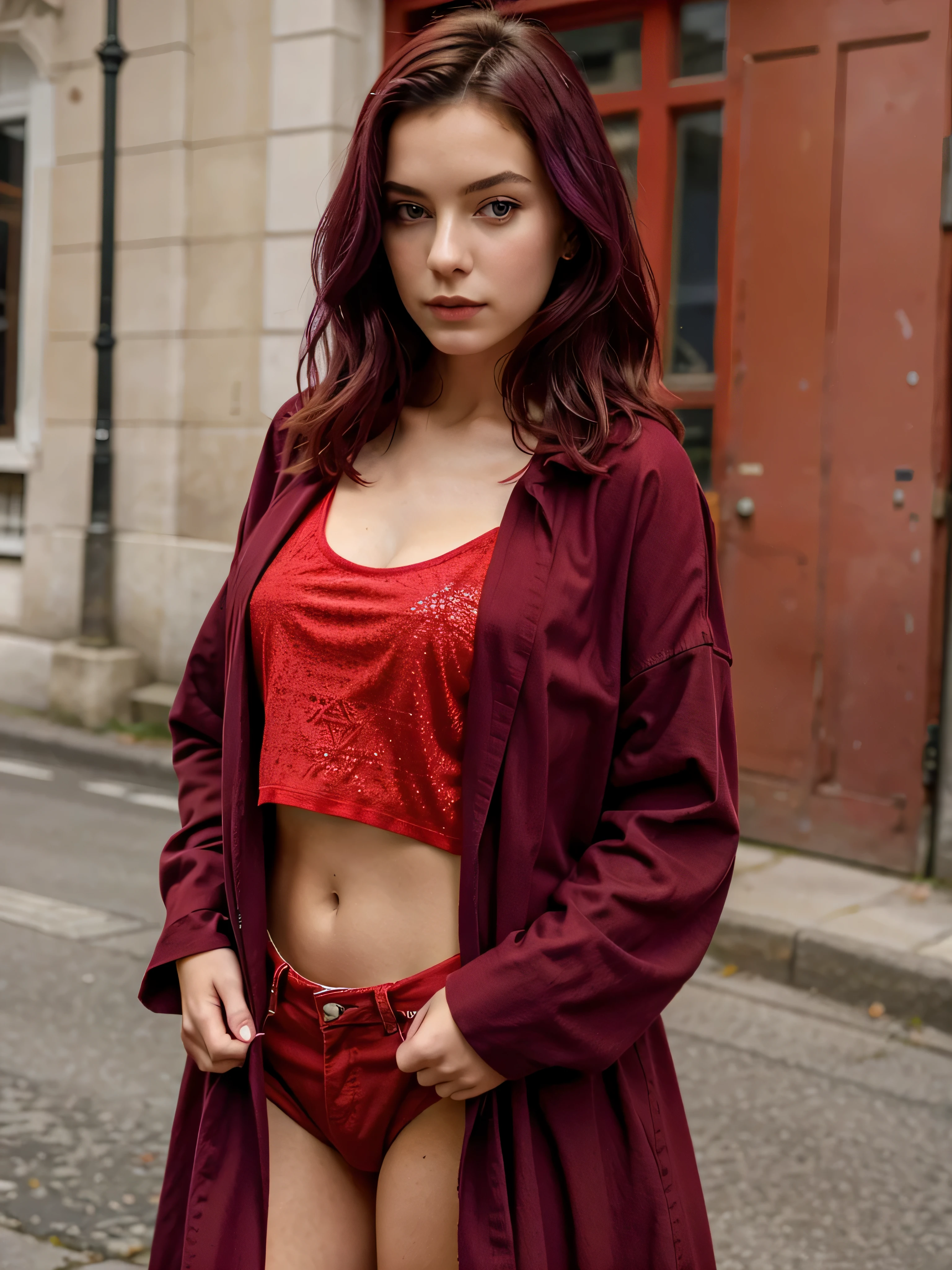 jeune fille de 20 ans au cheveux tres long violet avec une veste ROUGE, habiller en ROUGE, vetue de ROUGE, OUTFIT RED, une tenue rouge, tshirt rouge RED rouge, habiller rouge mode, robe rouge, tenue vestimentaire rouge