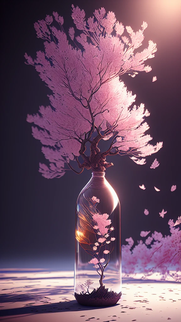 dream-likeart tree in a bottle, fluffy, realistic, photograph, canon, dream-like, art, Colorful leaves and branches with flowers on the head. hyperdetailed photographrealism by greg rutkowski - h 1024 w 804 | f16 lens mark 2:2 seconds 3555mm film grain :1 Realistic high resolution sharp focus contrast!! intricate detailed atmospheric light refraction lighting unreal engine 5 cinematic concept photographgraphy masterpiece octane render trending at cgsociety rendered as,Falling cherry blossoms