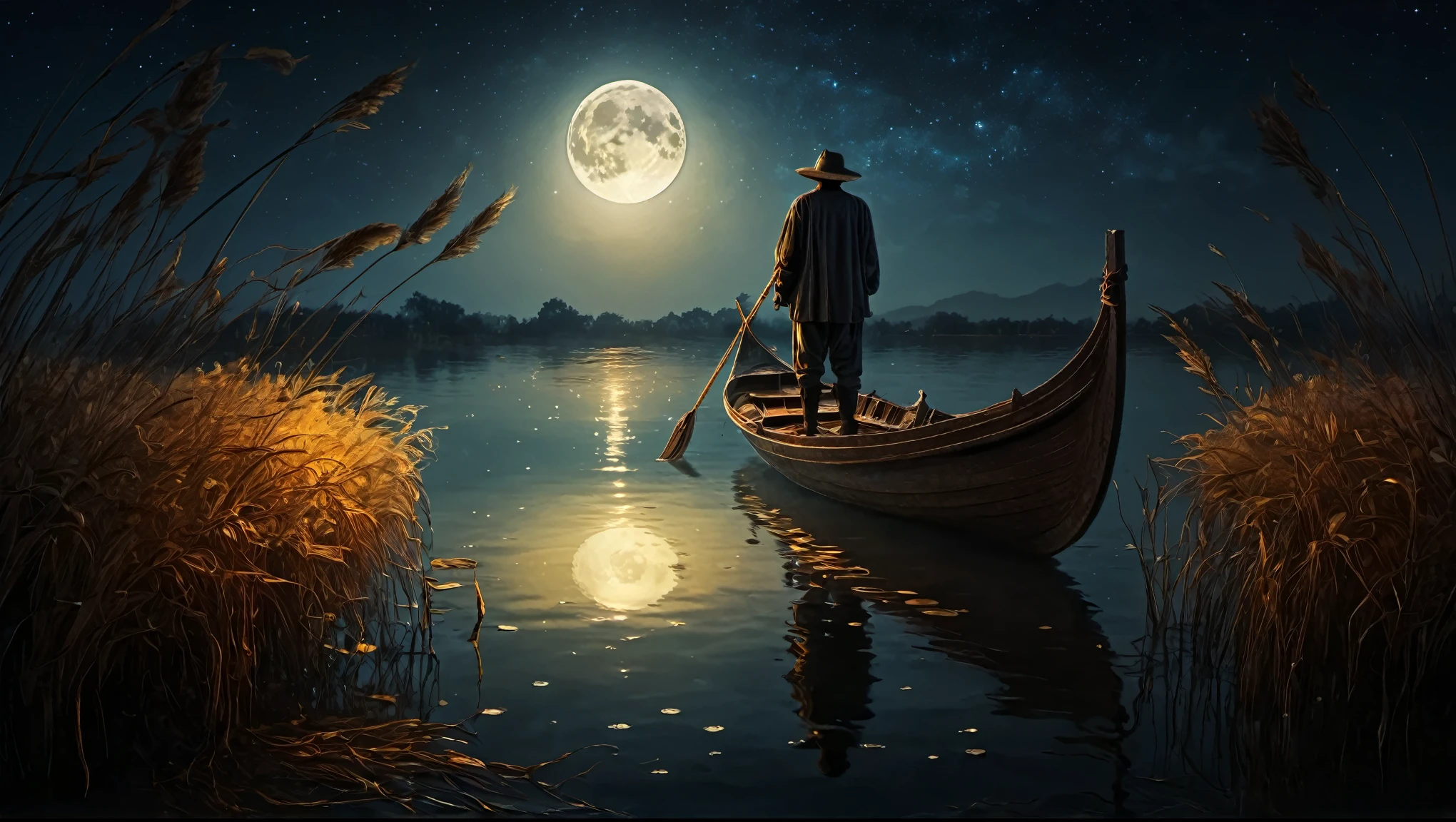 Photography，there is a man that is standing on a boat in the water, fantasy. gondola boat, calm night. Floating in the moonlight at night, Big moon on the water, reflection of the moon, moonlight glow, The moon is reflected in the water,（There are no stars：1.5），There are no stars， Epic surrealist 8K oil painting, Dream-like atmosphere on a moonlit night, 8k ，8k,Highly detailed digital art