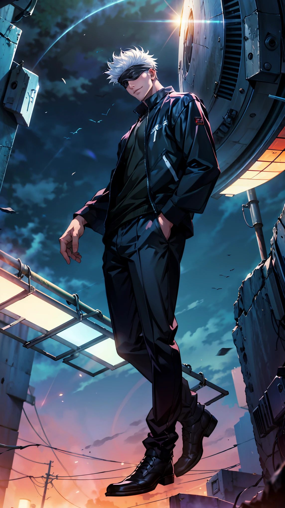 1boy, full body shot, perfect hand and fingers, satoru gojo, blindfold, black outfit, white hair, look at sky, smirk, red and blue moon city night background, wallpaper, cinematic,High resolution 8K, Bright light illumination, lens flare, sharpness, masterpiece, top-quality, The ultra -The high-definition, high resolution, extremely details CG, Anime style, Film Portrait Photography,masterpiece,hyperdetail