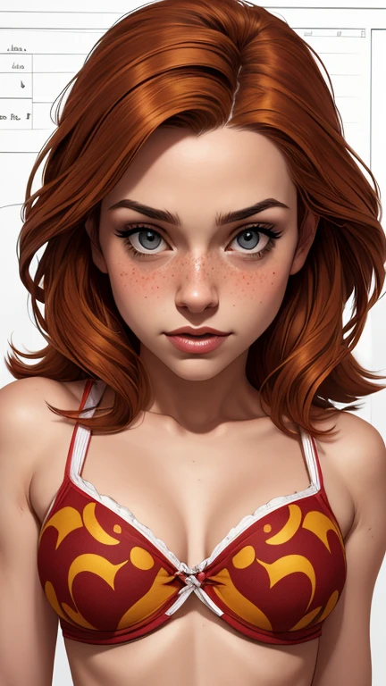 Character style illustration style Completely bare breasts showing small fear Breast size Cartoon name: Isabella Cruz white background medium breasts freckled face Hermione Granger actress strong contours Physical description - long straight hair, tingidos de um marrom vibrante que contrasta com sua pele clara. - You reflect a mix of curiosity and determination. - Ela tem uma estatura alta, with a slender and agile figure, evidenciando sua agilidade e destreza. -fundo colorido Design de personagens de retrato, beautiful digital illustration, retrato de alta qualidade, Arte em quadrinhos, Corpo inteiro sensualizando ou pelada. folha de retorno. return sheet member clothes of the day hell day expression love using gryffindor clothes