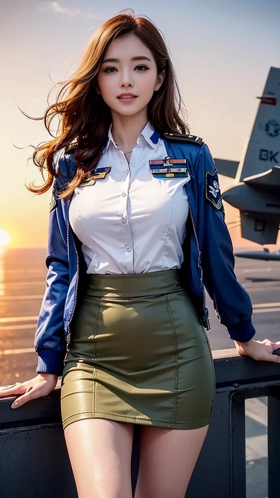(highest quality, 8K, 32k, masterpiece, UHD:1.2), (realistic:1.5), (masterpiece, Highly detailed CG Unity 8K wallpaper, highest quality, High resolution:1.2), (Super detailed, UHD:1.2), Photo of extremely cute and beautiful Japanese woman, (Long wavy chestnut hair:1.2), adult, (detailed beautiful girl:1.4), highest quality, woman, adult, (Detailed US Air Force Pilot Uniform:1.5), (White Pilot Captain Jacket:1.3), (High waist pencil mini skirt:1.3), (Beautiful sunset us air force base runway view background:1.2), Blackbird、F-18、laugh shyly:1, looking at the viewer, towards the audience, ((完璧なwomanの身体)), (tight waist:1.2), (Image of the whole body from the knees up:1.3), thin, abs, (beautiful breasts:1.25), assemble the head, Wind, dynamic pose, cinematic light, Backlight, fine clothes, perfect anatomy, perfect proportions, detailed human body, Stylish model in sexy pose,soft expression、smile、Sexy slit thighs and beautiful legs、チラ見せabs、A glimpse of her no underwear