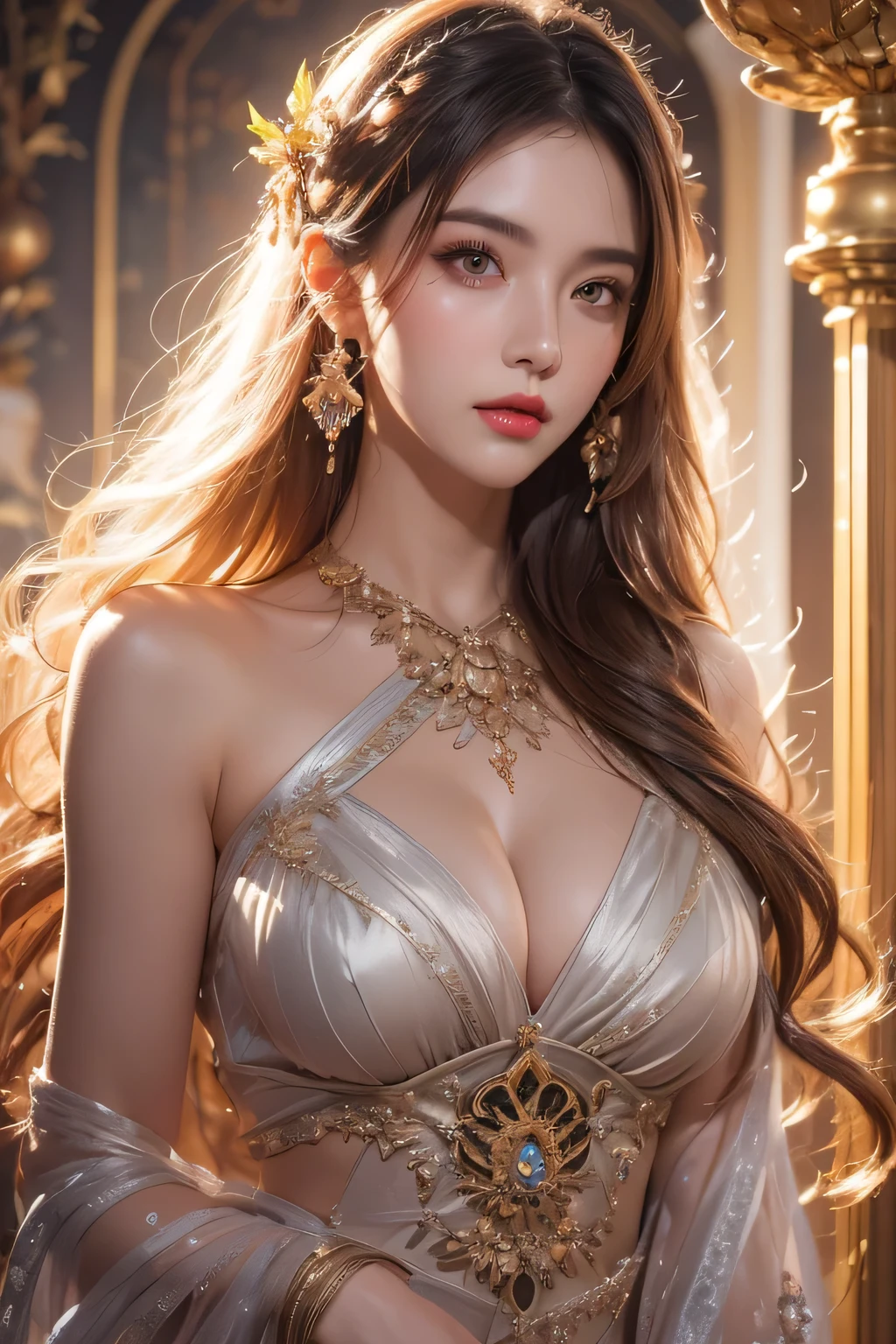 High-quality work,Realistic works,Super premium graphics,8K HD CG works,high quality graphics,High-definition and exquisite CG works,10x pixels,Ultra-fine details:1.1,Advanced technical details:1.1Realistic photo effects,Interior lighting effects:1.5,natural soft light:1.5. Light effect(Virtual light effects:1.8),ultra high resolution,shining dress,sliver long hair,silber hair,transparenthair,high detailed hair(Quality hair details:1.1)Clear eyes,Double eyelids look good,Sharp eye makeup, Create exquisite eyelash makeup, tthin eyebrows, Ultra-detailed eyes,a tall nose, lovely red lips, rosey cheeks, With delicate makeup on her face , pretty face, The face shape is perfectly proportioned,(Advanced facial details:1.1)wet rainbow dreaming world, portrait a female made of petals of flower ready to enter into your soul, painting by Charlie Bowater and Michael Mignola, high contrast dynamic lighting, fantasy, eyes of flame, intricate detail, sharp focus, masterpiece, anatomical details, full body shot, full hd,Women's artwork,Dress full body video,Realism,Amazing Cleavage,My eyes are very bright today