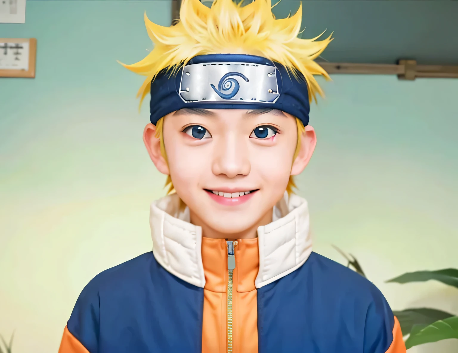an Japanese boy, smiling, light blue eyes, bright yellow hair, realistic, live action, naruto