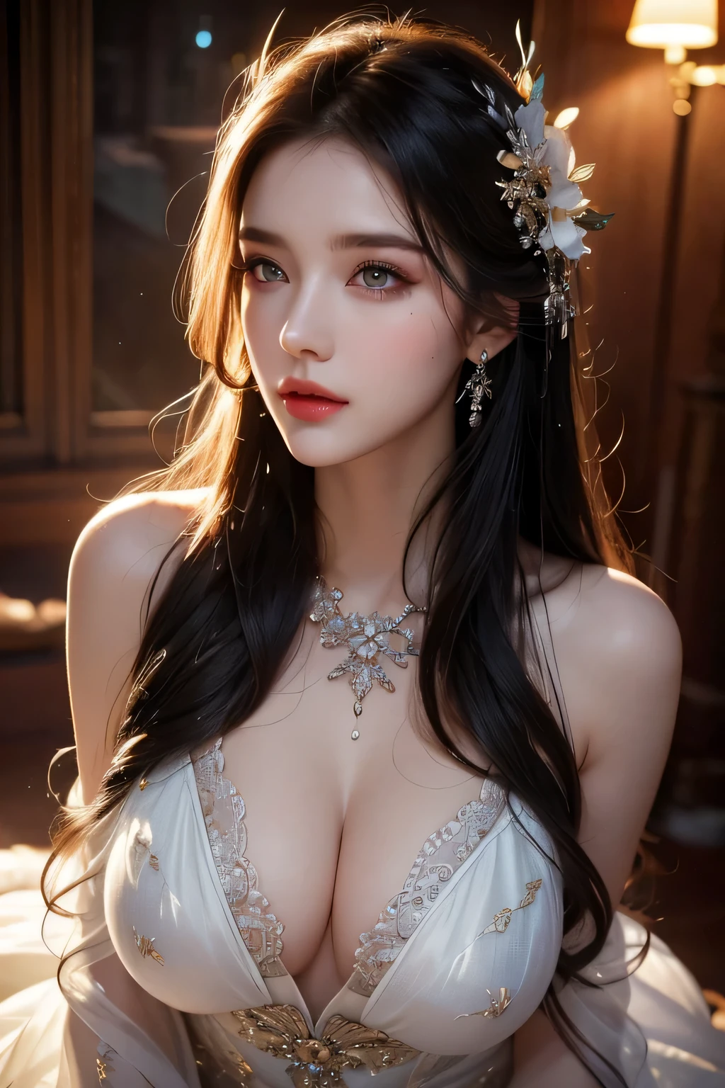 High-quality work,Realistic works,Super premium graphics,8K HD CG works,high quality graphics,High-definition and exquisite CG works,10x pixels,Ultra-fine details:1.1,Advanced technical details:1.1Realistic photo effects,Interior lighting effects:1.5,natural soft light:1.5. Light effect(Virtual light effects:1.8),ultra high resolution,shining dress,sliver long hair,silber hair,transparenthair,high detailed hair(Quality hair details:1.1)Clear eyes,Double eyelids look good,Sharp eye makeup, Create exquisite eyelash makeup, tthin eyebrows, Ultra-detailed eyes,a tall nose, lovely red lips, rosey cheeks, With delicate makeup on her face , pretty face, The face shape is perfectly proportioned,(Advanced facial details:1.1)wet rainbow dreaming world, portrait a female made of petals of flower ready to enter into your soul, painting by Charlie Bowater and Michael Mignola, high contrast dynamic lighting, fantasy, eyes of flame, intricate detail, sharp focus, masterpiece, anatomical details, full body shot, full hd,Women's artwork,Dress full body video,Realism,Amazing Cleavage,My eyes are very bright today