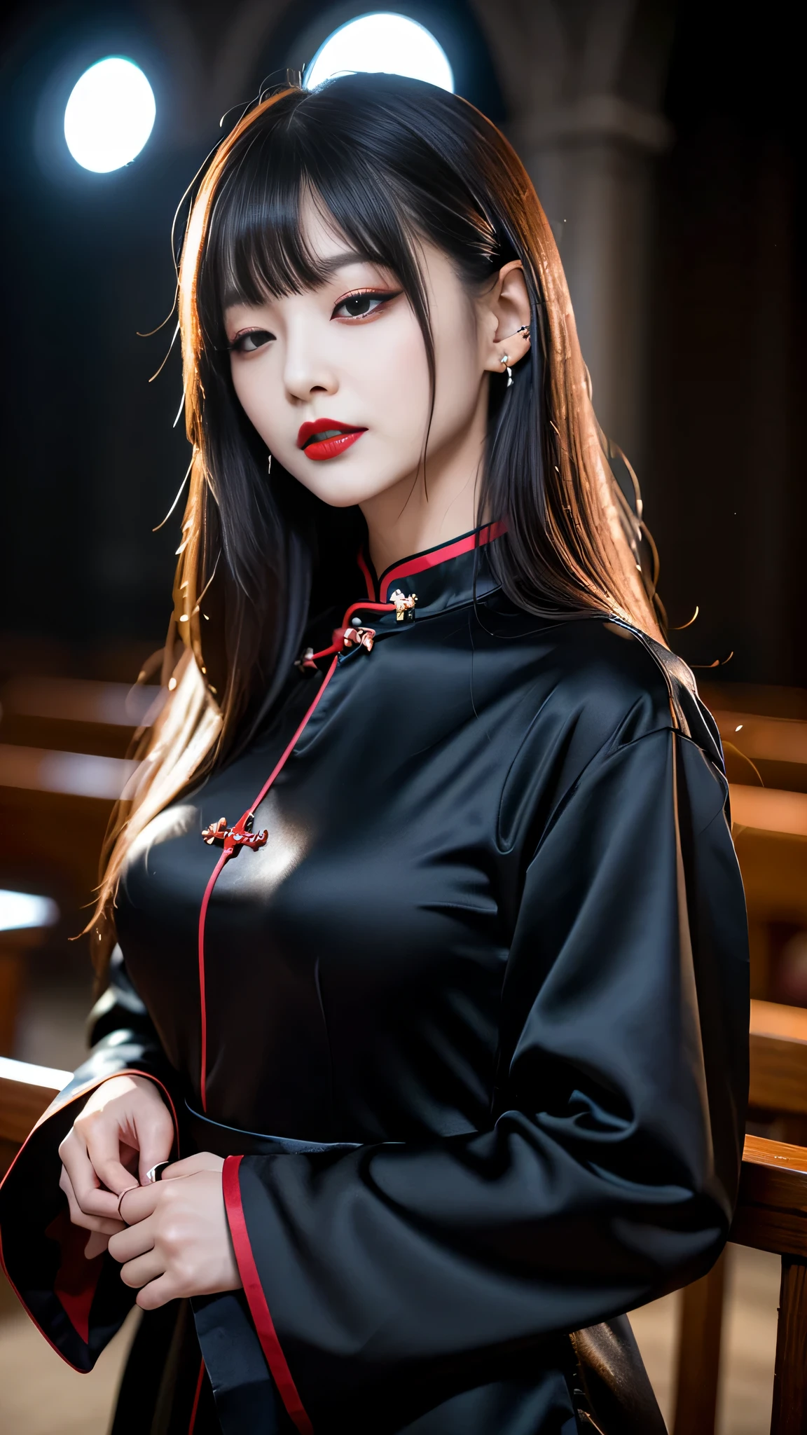 tra-detailed、Japanese、attractive beauty、seductive adult woman、pretty woman、piercing eyes、cool girl、wavy hair、swept bangs、Long Black Cheongsam、wide sleeves、slit、Evil cadres、evil depravity、brainwash、mind control、lipstick、lip gloss、dark makeup、smirk、Evil expression、evil、hollow eyes,half-closed eyes、empty eyes、evil、church at night、vampire、succubus、vampire、Swear allegiance、