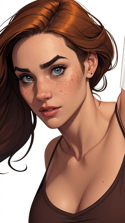 Character style illustration style Completely bare breasts showing small fear Breast size Cartoon name: white background medium breasts freckled face Jennifer Connelly actress strong contours Physical description - long, straight hair, tingidos de um marrom vibrante que contrasta com sua pele clara. - You reflect a mix of curiosity and determination. - Ela tem uma estatura alta, with a slender and agile figure, evidenciando sua agilidade e destreza. -fundo colorido Design de personagens de retrato, beautiful digital illustration, retrato de alta qualidade, Arte em quadrinhos, Corpo inteiro sensualizando ou pelada. folha de retorno. return sheet member clothes of the day hell day expression love using sanserina and Harry Potter clothes