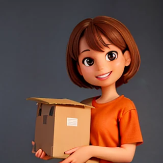 (highres, masterpiece: 1.2), realistic, portrait, woman, detailed brown eyes, detailed lips, detailed human face, orange shirt, short brown hair, friendly expression, smiling, standing, holding a cardboard box, confident, white background, warm lighting.