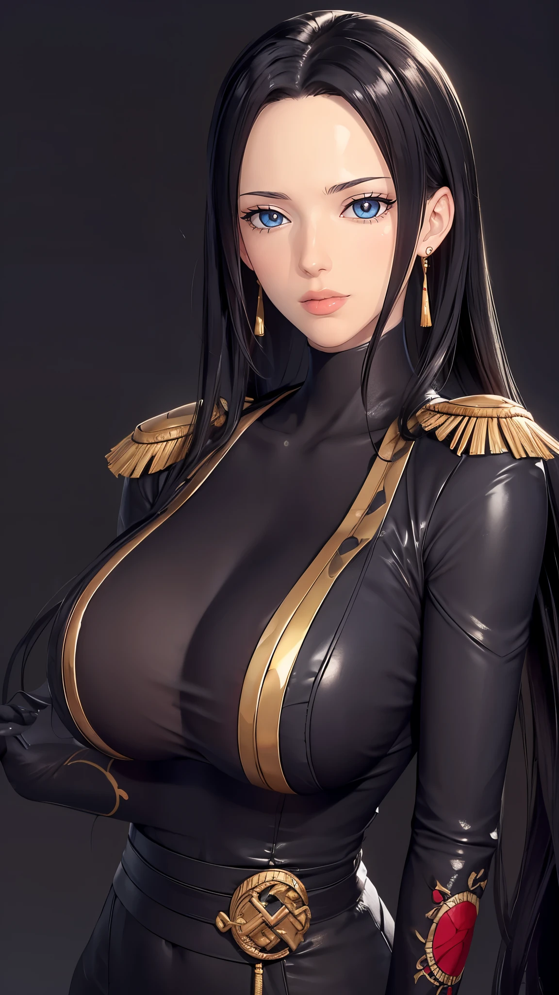 （（（完美figure，figure，Black tight fitting leather clothing, black leather clothing, leather clothing, reflective clothing， （（（boa hancock，Dark long hair, combed with a chiffon hairstyle, slightly wide forehead smooth and flat, deep blue eyes, slender and delicate corners of the eyes, almond eyes exuding a hint of coldness, nose bridge high and straight, nose small and delicate, lips soft without any wrinkles. Wearing a pair of snake shaped golden earrings under the ears）））((masterpiece)),high resolution, ((Best quality at best))，masterpiece，quality，Best quality，（（（ Exquisite facial features，looking at the audience,There is light in the eyes，(sticking out tongue, opening mouth)，））），型figure:1.7））），（（（Interlacing of light and shadow，huge boobs））），（（（looking into camera，black background，)）））