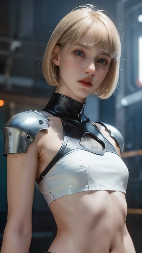 A short straight blonde haired british girl, bang, bob cut, blue eyes, 15 years, young, pale skin, slender body, small breast, tiny chest, Ultra high res, uhd, (photorealistic:1.4), doll-like face, futuristic armor, plasma sword