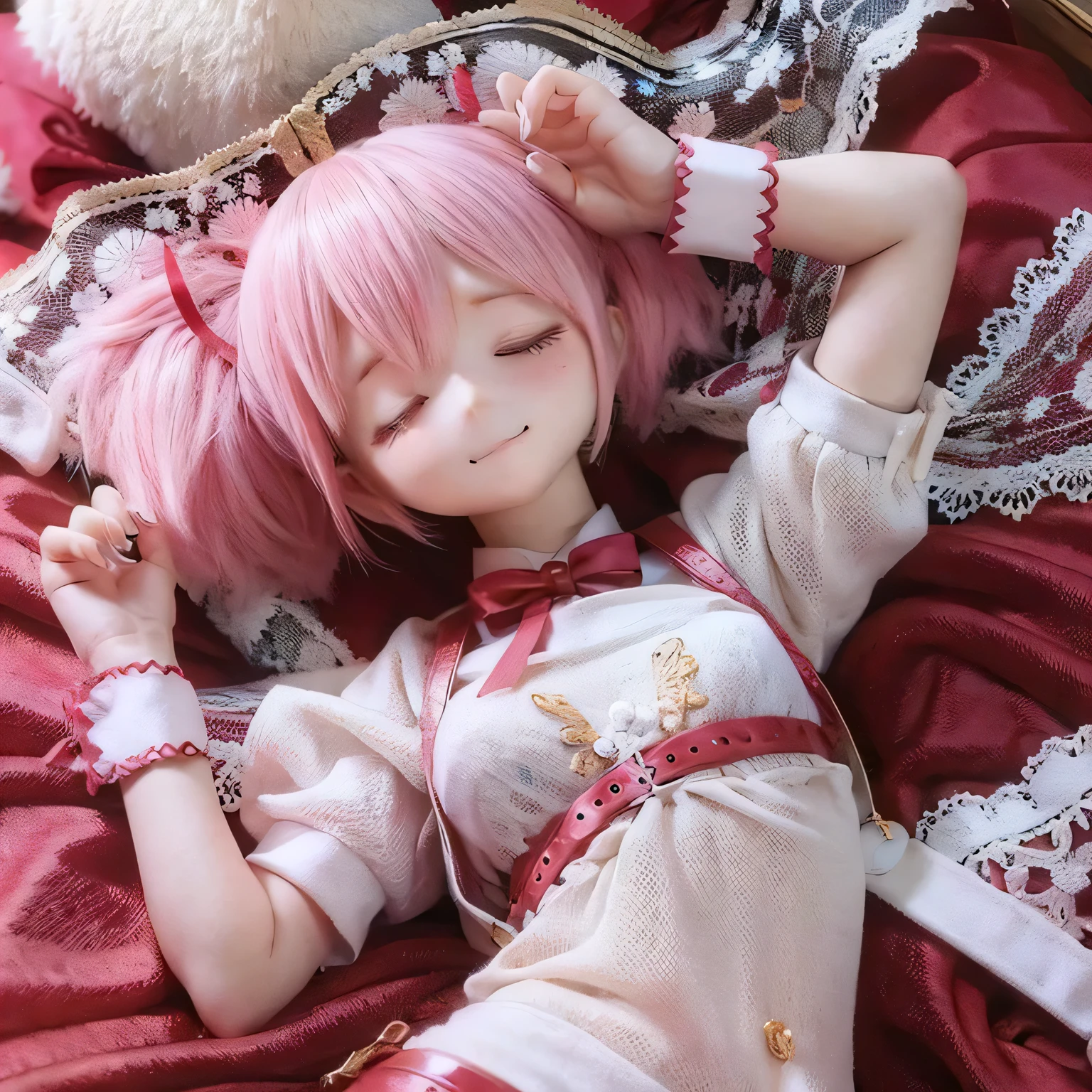 (highest quality, masterpiece:1.2), expressive eyes, perfect face, ((Madoka's hairstyle)), closed mouth, A subtle smile,  chest, intense, pink hair, Magical girl, determined look, Pink heir, smile, ((sexy lingerie)), ((sleeping in bed)), 15 year old nipples, plump lips