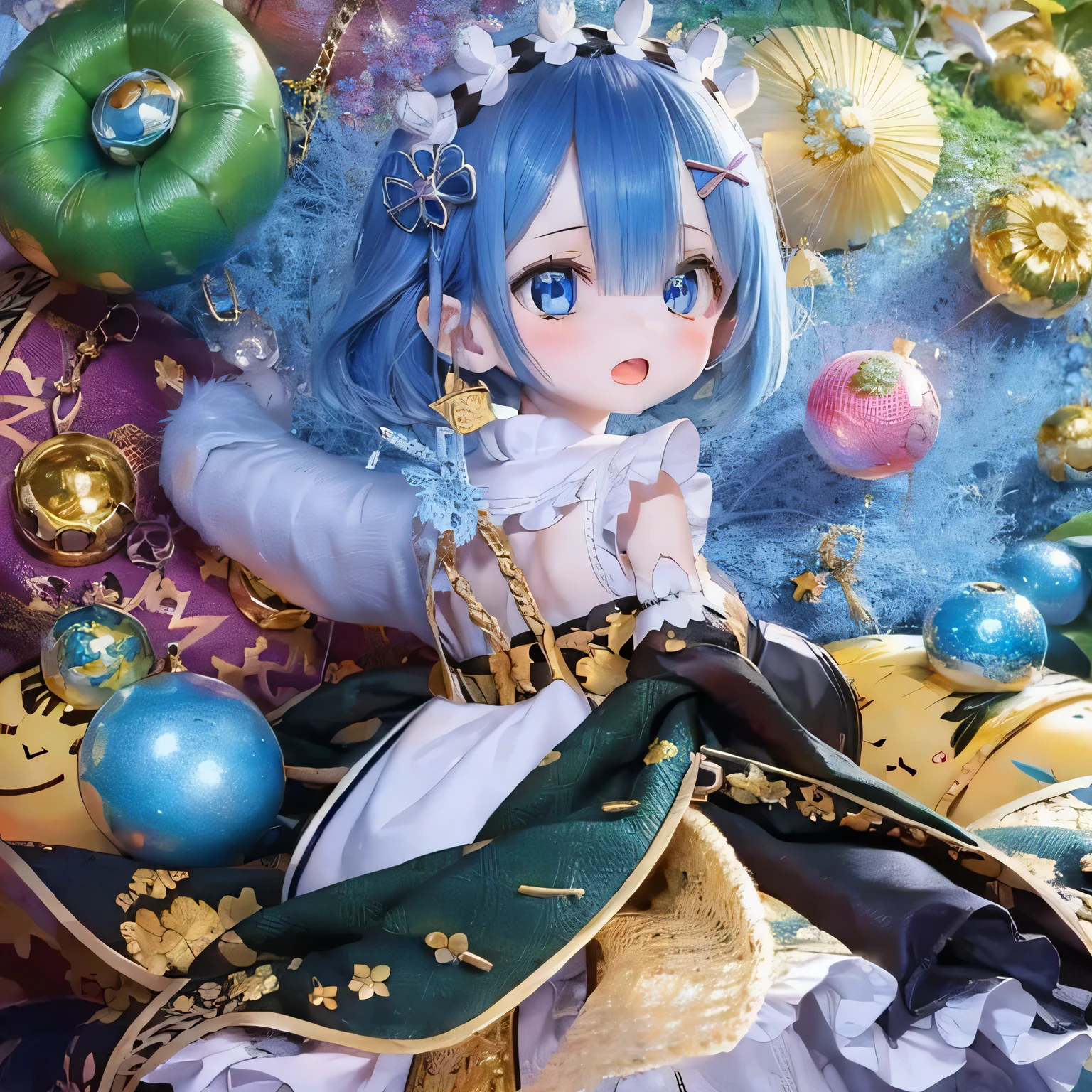 A five-year-old girl named Rem, It is depicted in (((((((baby))))))) style, with beautiful and detailed eyes, lips, and the face. Artwork must be of the highest quality, Sharp focus and ultra-detailed rendering. The color palette should be vibrant and vivid.  The medium must be an illustration or digital painting. For additional details, see、Includes Rem in a cute dress, Surrounded by his favorite toys, And with a look of joy.(((Chibi)))
Blue hair, cute pose, flat chest