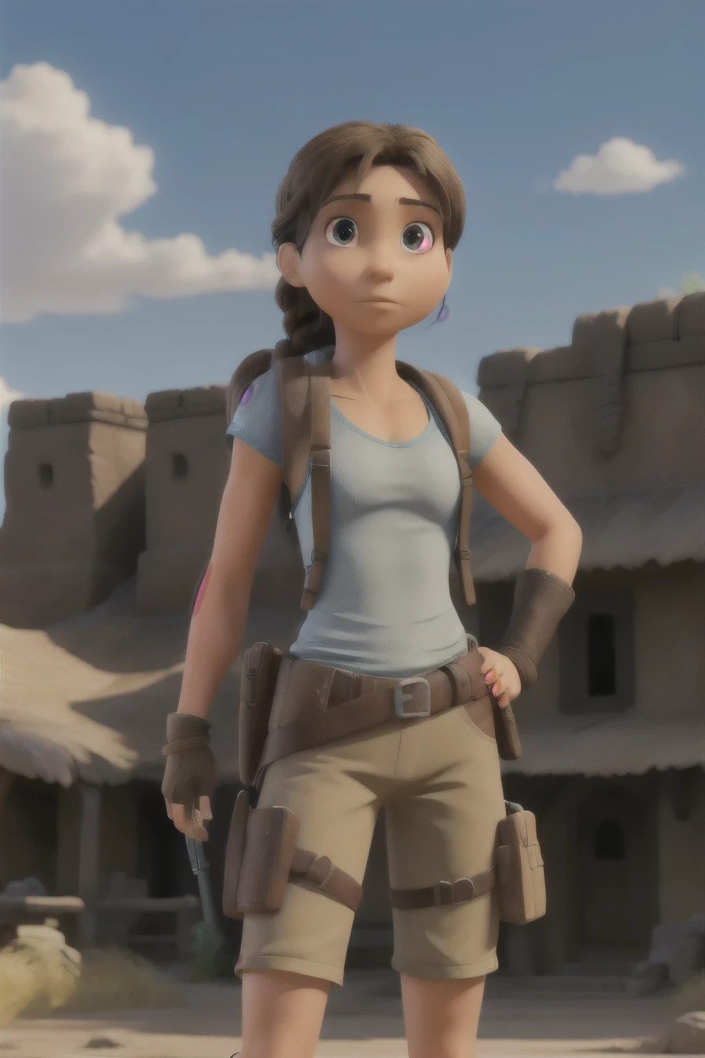 Lara Croft, Single braid, blue mother, brown shorts, fingerless gloves, holster in dynamic pose, upper body