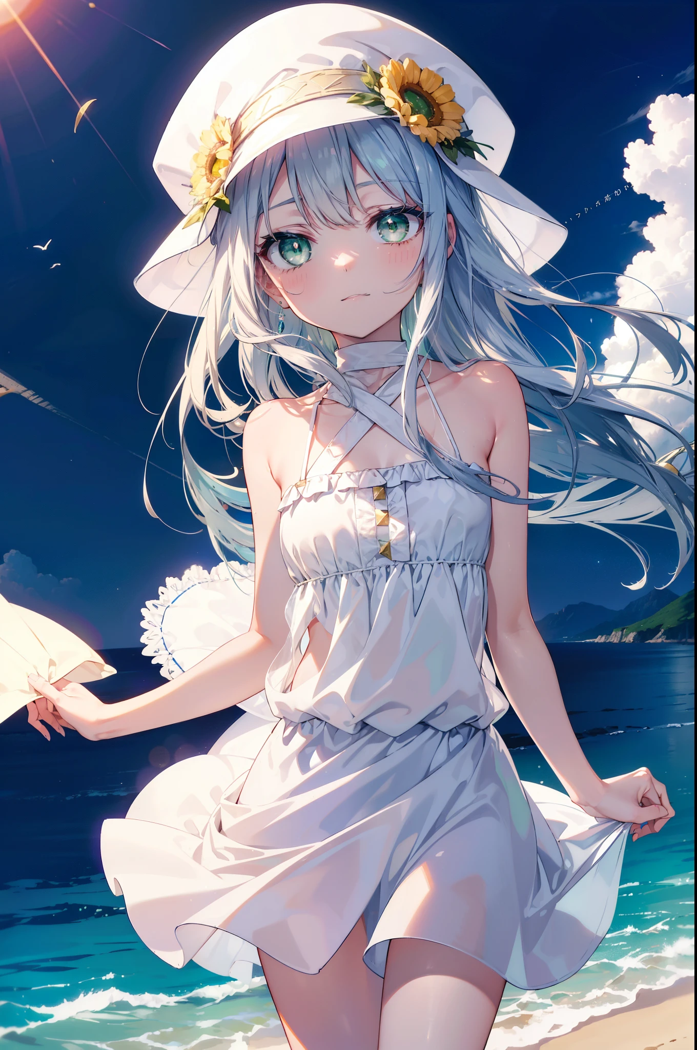 index, index, (green eyes:1.5), silver hair, long hair, (flat chest:1.2),white hat,白色ロングskirt一体型ワンピース,barefoot,skirt,naked neck,bare clavicle,bare shoulders,bare arms,happy smile, smile, open your mouth,beachのsandy beachを散歩しながら、Silver hair fluttering in the breeze, sunset,evening,The sun is setting on the horizon,
break looking at viewer, Upper body, whole body,(cowboy shot:1. 5)
break outdoors, beach,sandy beach,
break (masterpiece:1.2), highest quality, High resolution, unity 8k wallpaper, (figure:0.8), (detailed and beautiful eyes:1.6), highly detailed face, perfect lighting, Very detailed CG, (perfect hands, perfect anatomy),