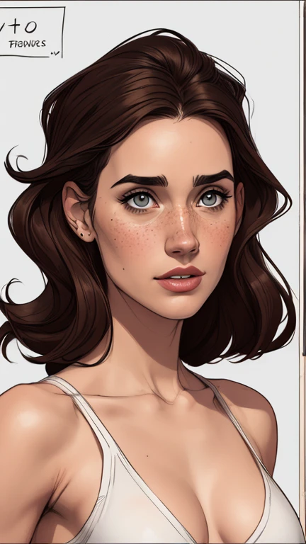 Character style illustration style Completely bare breasts showing small fear Breast size Cartoon name: white background medium breasts freckled face Jennifer Connelly actress strong contours Physical description - long, straight hair, tingidos de um marrom vibrante que contrasta com sua pele clara. - You reflect a mix of curiosity and determination. - Ela tem uma estatura alta, with a slender and agile figure, evidenciando sua agilidade e destreza. -fundo colorido Design de personagens de retrato, beautiful digital illustration, retrato de alta qualidade, Arte em quadrinhos, Corpo inteiro sensualizando ou pelada. folha de retorno. return sheet member clothes of the day hell day expression love using sanserina and Harry Potter clothes 