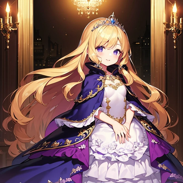 (kawaii),(best quality),(ultra detailed),(rococo style),(long train violet cape:1.15), very long cape,(long train violet ball gown with flower decorations:1.1), a girl is wearing a cape over her gown, 1 little princess, tiara, smile, very long hair, small breasts, beautiful detailed eyes, beautiful detailed lips