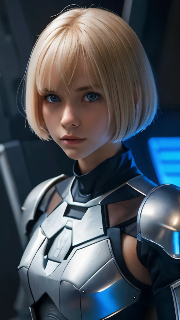 A short straight blonde haired british girl, bang, bob cut, blue eyes, , young, pale skin, slender body, small breast, tiny chest, Ultra high res, uhd, (photorealistic:1.4), doll-like face, futuristic armor, plasma sword