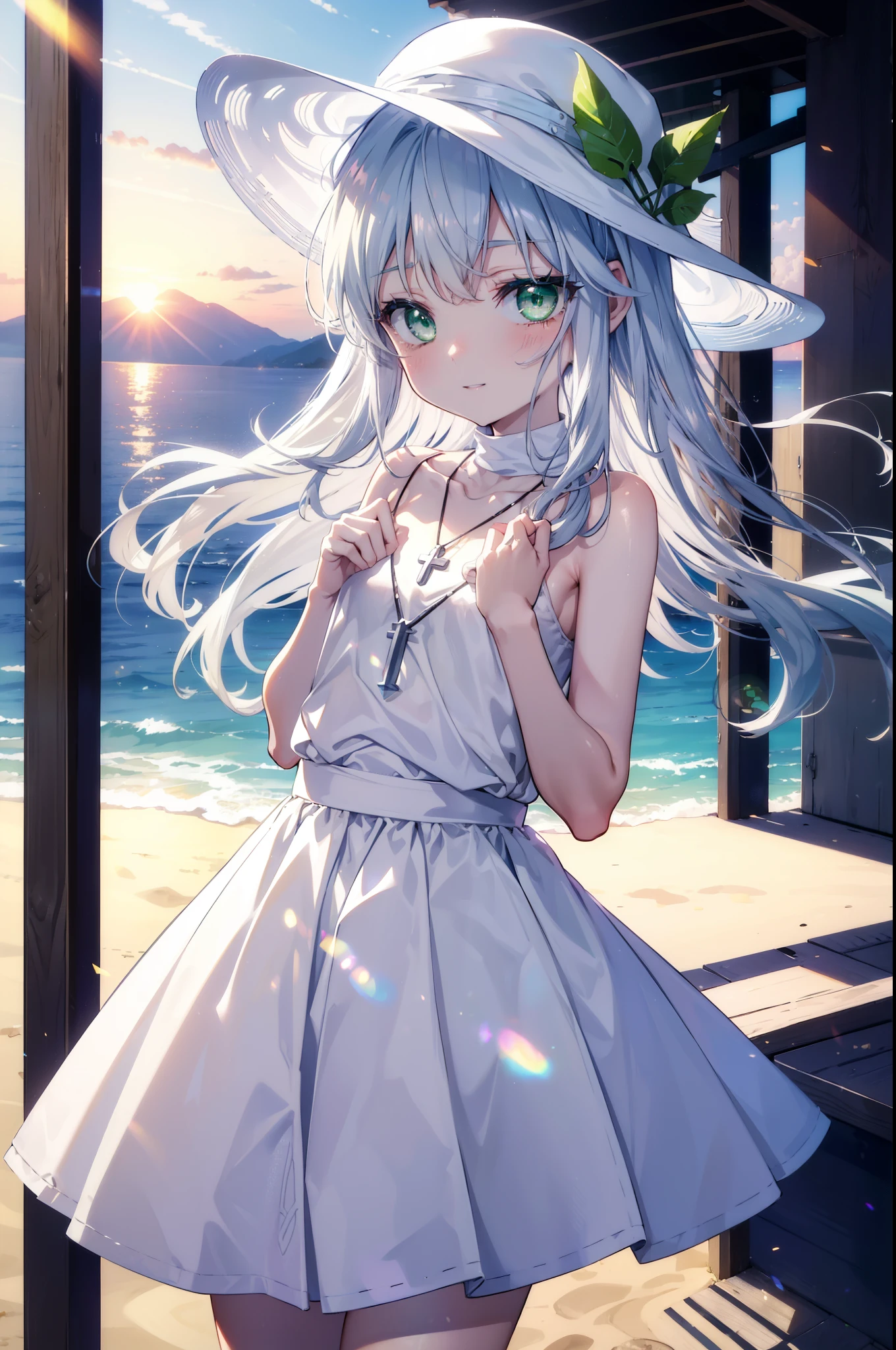 index, index, (green eyes:1.5), silver hair, long hair, (flat chest:1.2),cross pendant necklace,white hat,白色ロングskirt一体型ワンピース,barefoot,skirt,naked neck,bare clavicle,bare shoulders,bare arms,happy smile, smile, open your mouth,beachのsandy beachを散歩しながら、Silver hair fluttering in the breeze, sunset,evening,The sun is setting on the horizon,
break looking at viewer, Upper body, whole body,(cowboy shot:1. 5)
break outdoors, beach,sandy beach,
break (masterpiece:1.2), highest quality, High resolution, unity 8k wallpaper, (figure:0.8), (detailed and beautiful eyes:1.6), highly detailed face, perfect lighting, Very detailed CG, (perfect hands, perfect anatomy),