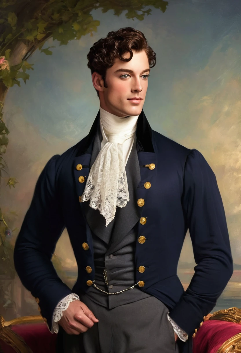 Image painting and photography, 1800's style portrait from side waist up, of a 25-year-old man, latino, short wavy black hair, small black eyes, Roman nose, small mouth thin lips, oval face, wears glasses, slender athletic toned body, tall, realistic soft tan skin, superb and arrogant look, looks straight at the camera, the navy blue jacket dress,  Orange tie, white shirt, holds a gold coin, window background watch storm headlamp