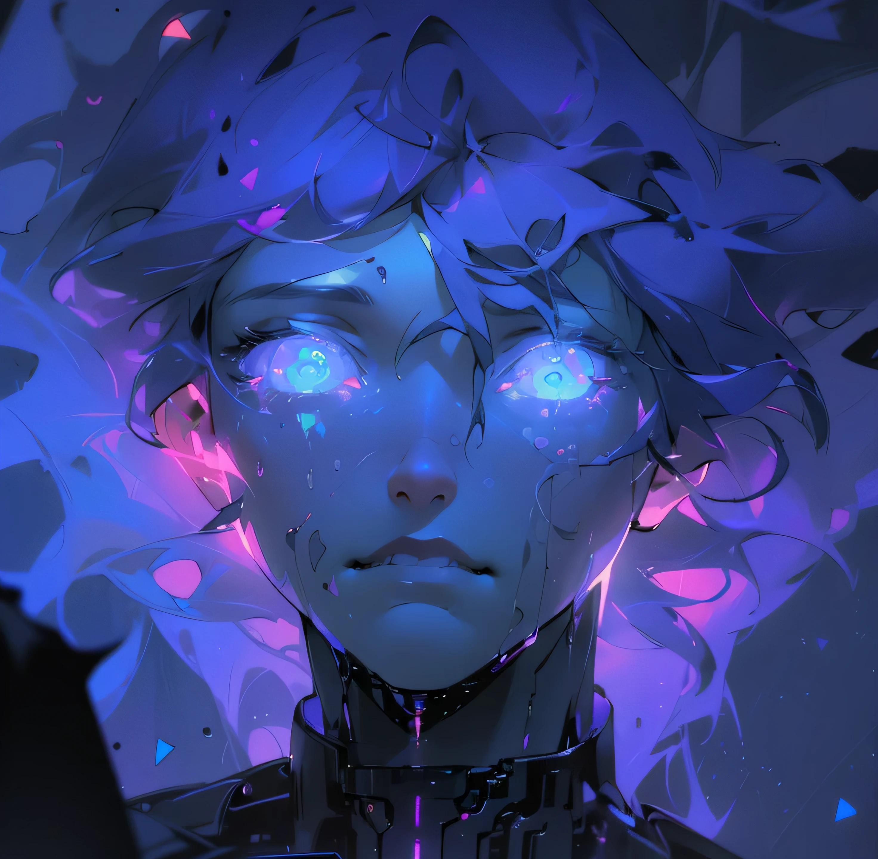 (best quality,4k,8k,highres,masterpiece:1.2),ultra-detailed,(realistic,photorealistic,photo-realistic:1.37),man,crying,cyberpunk style,purple glowing eyes,distressed expression,tears streaming down his face,sleek and futuristic environment,neon lights reflecting on wet pavement,smoke and haze filling the air,enhancing the cyberpunk atmosphere,futuristic technology integrated into the man's clothing and accessories,enhancing his appearance,meticulously detailed cybernetic implants on his face and body,illuminating with purple light,creating an otherworldly glow,his clothing, consisting of sleek black leather and shining, metallic elements,reflecting the dystopian future,hovering vehicles and towering skyscrapers in the background,adding to the sense of urban decay and distance from reality,captivating and mysterious color palette,with vibrant neon colors contrasting with dark shadows and moody highlights,enhancing the cyberpunk vibe,melancholic yet captivating music playing in the background,contributing to the overall atmosphere.