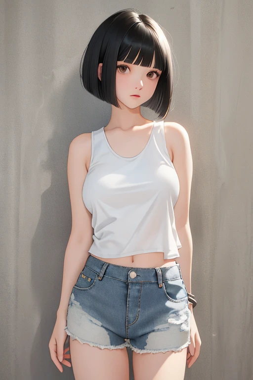 short tank top white,Denim shorts,bob cut,short bangs,side boob,black hair,