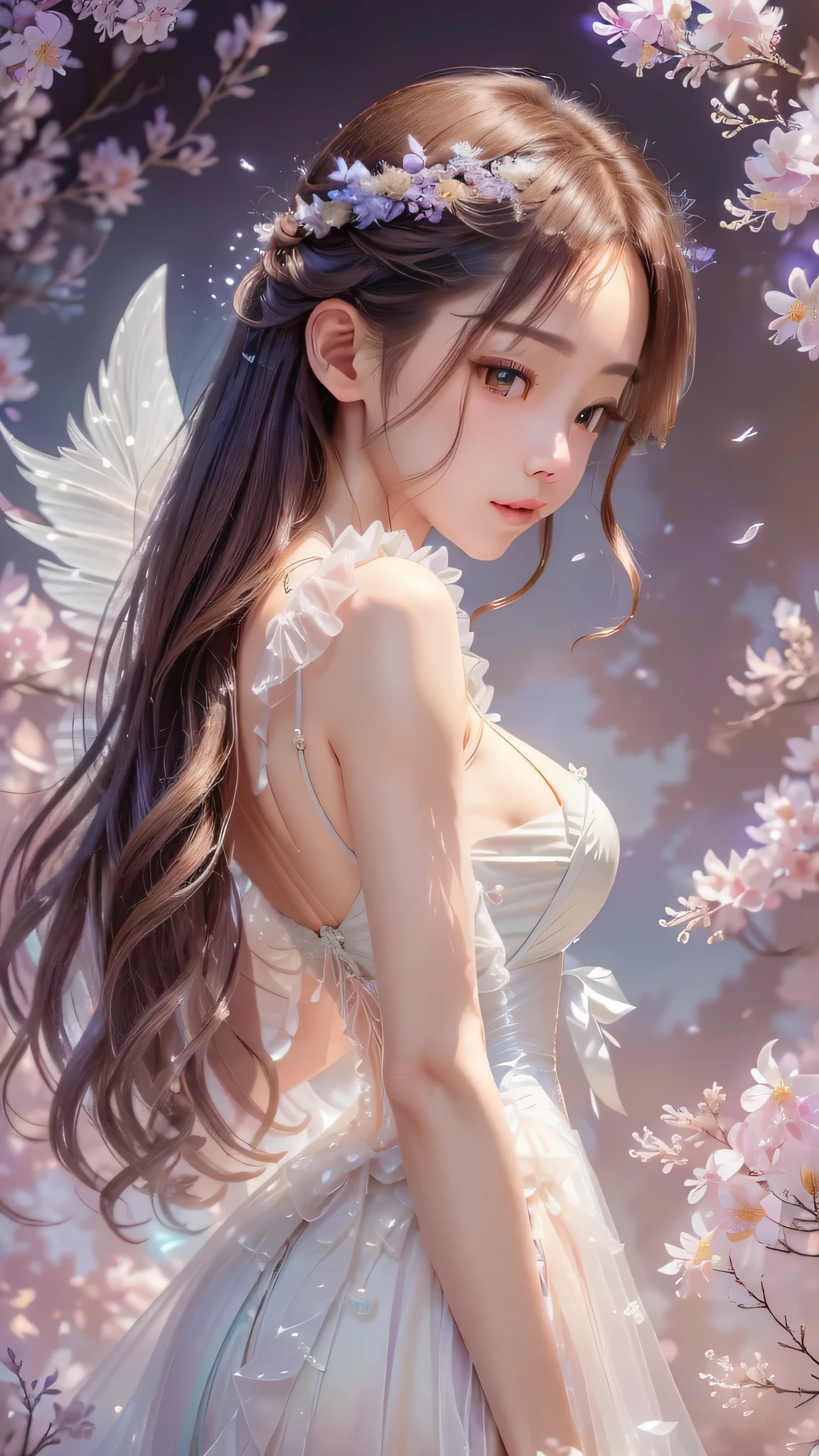 8k、branch of delicate lilac flowers、Lilac Fairy、super transparent、Sacred Light、Beautiful Spectrum Light、Petal brilliance、blinking、dark background、Transparent Light Drops、ReflectionLight、bright、Light flows in、Lightology、Portrait Profile、sharp focuagic、Complex、 Super realistic、Bewitching、sexy、eros、beautiful face、Detailed and perfect face、detailed and beautiful eyes、even eyes、perfect proportions、big breasts、thin waist、navel、big ass、gap between crotches、sexy thighs、fantasy、Compositionally、Light、art station trends、pearl、Patronus cloud of silvery vapor、Corrosive Enveloping Light Ray Family、