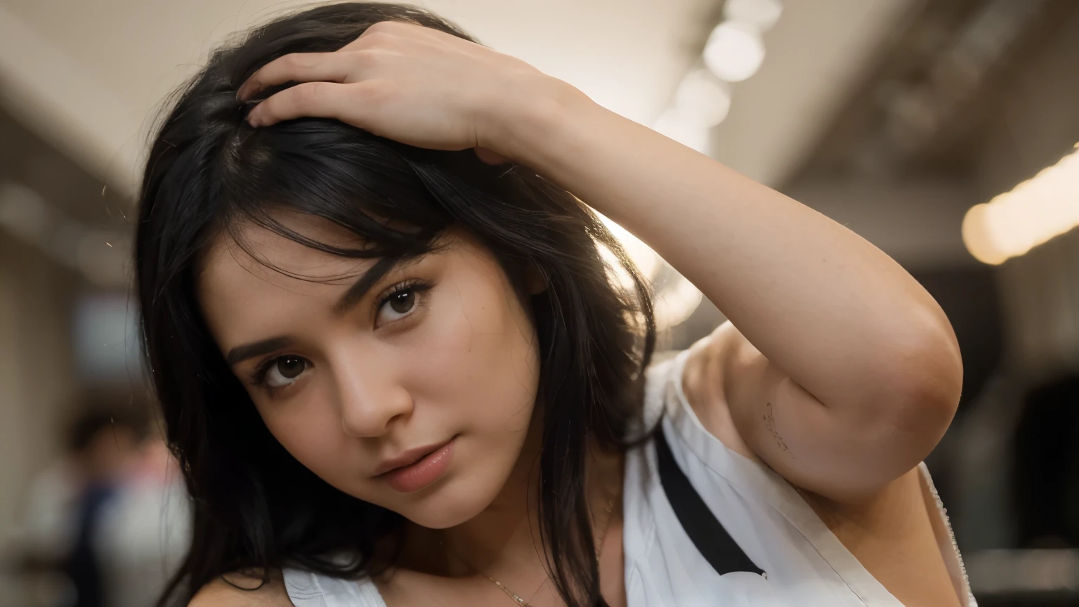 (best quality,high-res,ultra-detailed:1.2),realistic,studio lighting,bokeh,vibrant colors,photography style,A girl with black hair taking a selfie,black hair,girl,high-resolution,one hand on her head