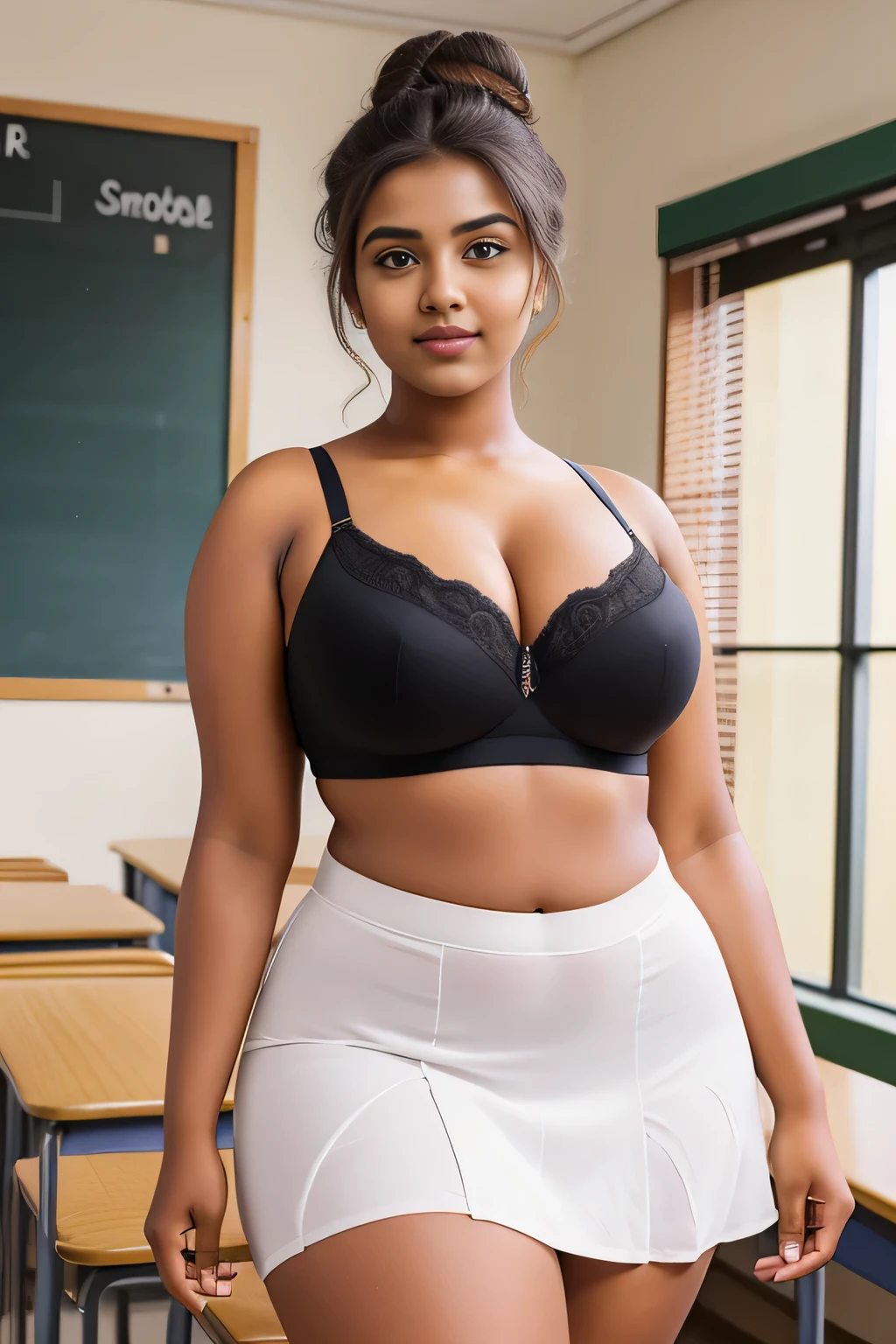 20yo in school school photo in school masterpiece, (photorealistic:1.4), best quality, beautiful lighting,Eleanor Marathi Woman 20yo Old Big 44M round firm Breasts Plus Size Model lipstick Bun lHair Bun Hair Hair Lifts Skirt Up Raised Skirt, wearing bra and panty.