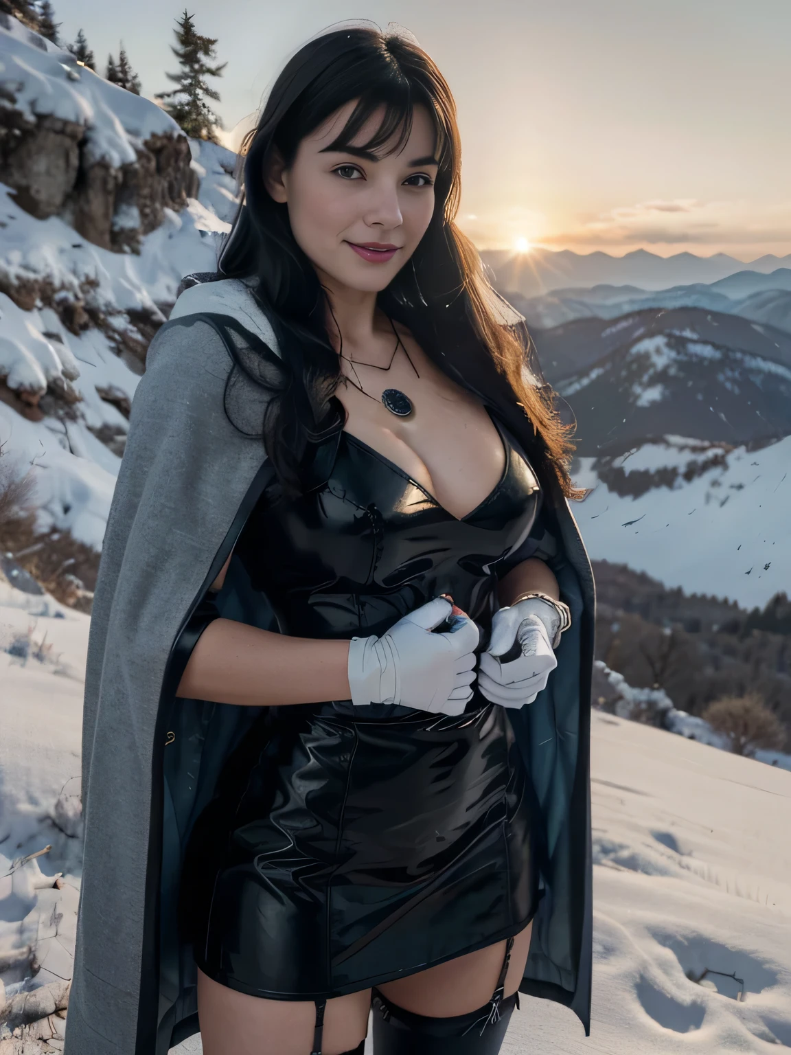 proFessional  photograph oF a gorgeous shy smile soaked Bettie page waitin for  her lover, dressed covered shoulders with a large medieval black cloth cloak ,ponytail Black hair, red lipstick,black long maxi-skirt(black long maxi-skirt:1.2),sultry Flirty look, detailed face, detailed eyes, incredibly beautifull woman, soave smile, looking in teh camera, lips bit open,gorgeous symmetrical Face, joli maquillage naturel, wearing elegant warm winter Fashion clothing,flirting with the camera, ((black  gloves)), (( high knee black stiletto boots))  ((on a mountain sitting on a stone )), it's very cold, ultra realistic, art conceptuel, elegant, Very detailed, complexe, sharp Focus, depth oF Field, F/1. 8, 85mm, (((proFessionally color graded))), bright soFt diFFused light, (volumetric Fog), tendance sur Instagram, hdr 4k, 8K