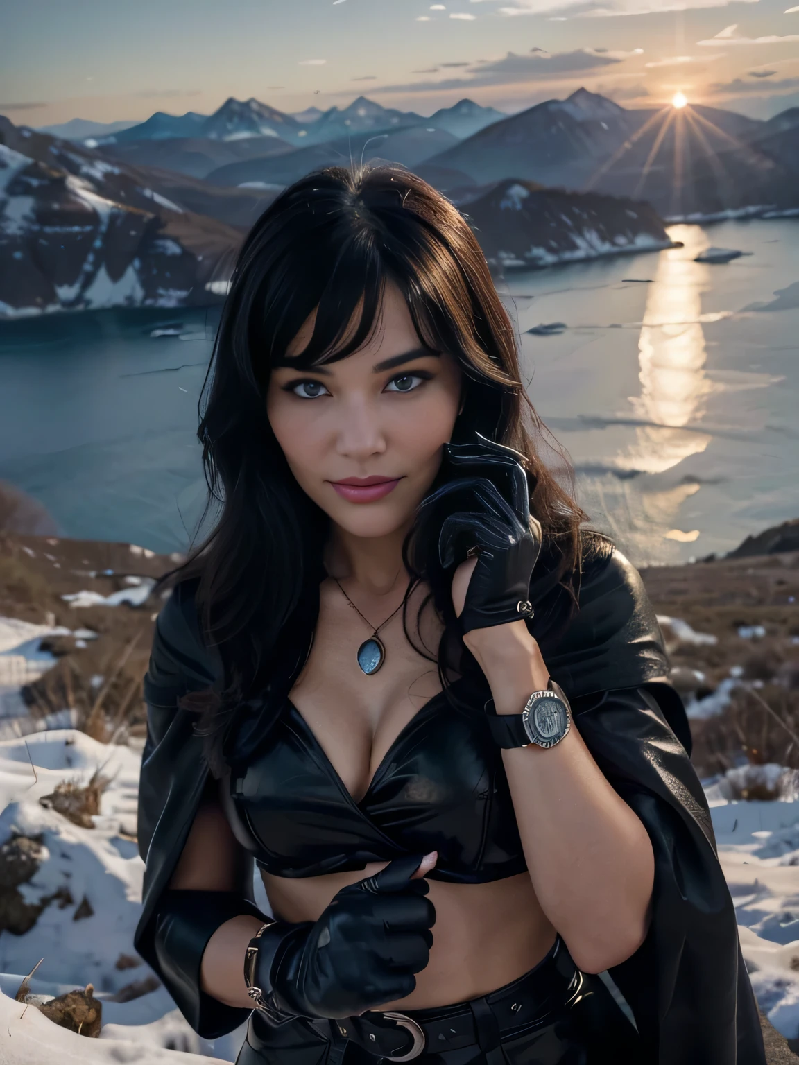 Bettie Page (detailed), perfect face, realistic photo of beautiful woman, blue eyes, piercing eyes, long hair, blond hair, wearing detailed necklace, Polish, influencer, light freckles, big lips, wearing detailed diamond bracelet, wearing detailed branded watch, wearing detailed diamond ring, Instagram, sharp photo, perfect body, model looking, realistic photo of a woman, golden, Black hair color, perfect detailed hands, perfect detailed fingers, ((best quality)), ((masterpiece)) (smile:1.2) light blue eyes, incredible blue eyes, detailed, photographer_\( ultra\), As the first light of dawn breaks over the horizon, iamsophia stands atop a snow-capped mountain, the world below awash in the soft hues of morning. Her hair, shielded from the crisp air by a hood of pure white fur, frames her face in a halo of warmth. She is wrapped in a cloak black, its fabric resistant to the biting wind. Beneath the cloak, her attire is practical yet elegant, a tunic of soft gray and leather skirt of deep blue, suited for the rugged terrain. Her sky-blue eyes, alight with the fire of the rising sun, gaze out over the world spread beneath her. In her hands, she holds a compass and a map, tools of her journey, ((her gloves of soft black leather ). This moment, with Bettie Page greeting the dawn from the pinnacle of the world, captures her as an explorer of the extreme, her spirit as indomitable as the mountains she conquers.