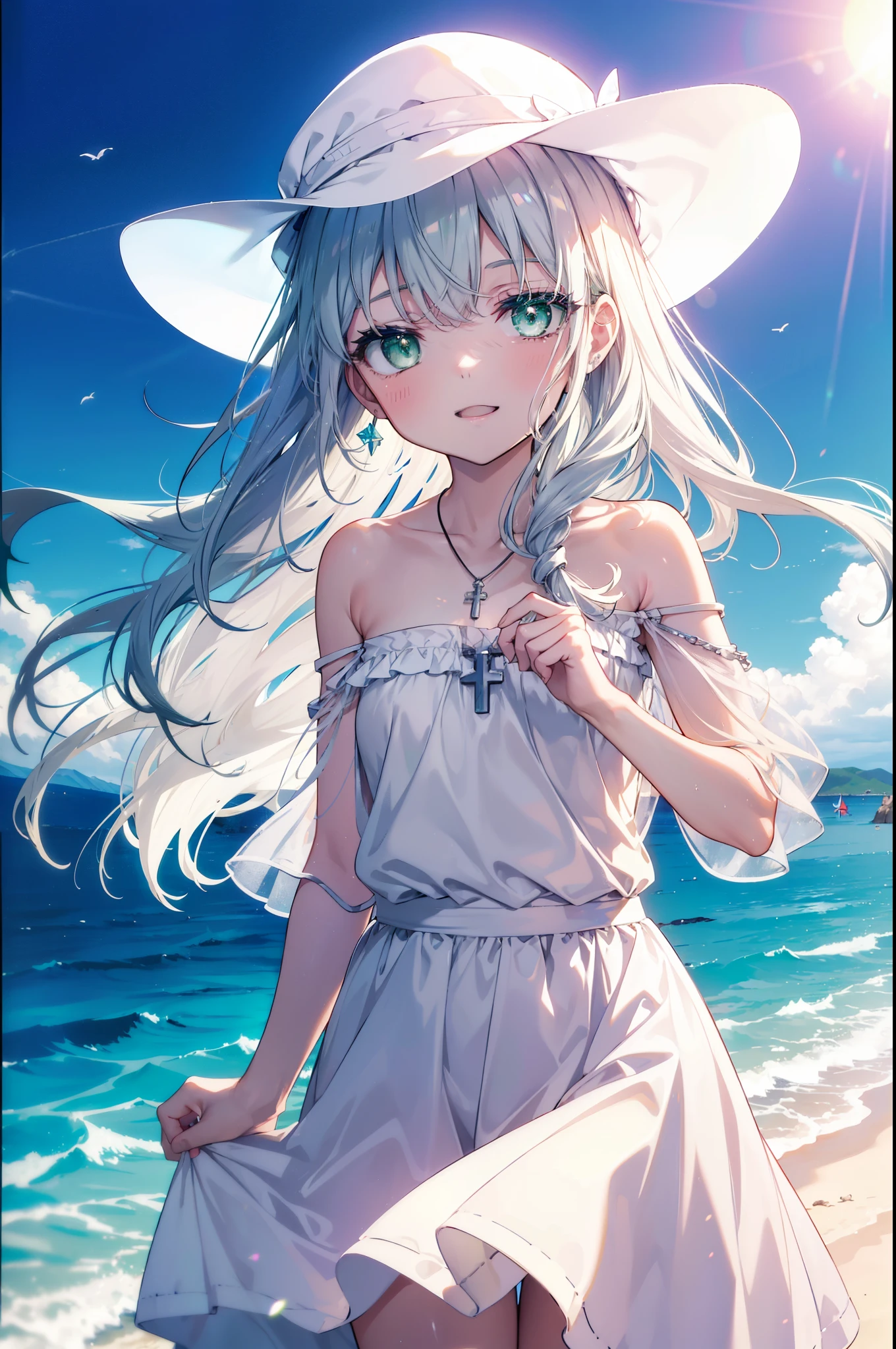 index, index, (green eyes:1.5), silver hair, long hair, (flat chest:1.2),cross pendant necklace,white hat,白色ロングskirt一体型ワンピース,barefoot,skirt,naked neck,bare clavicle,bare shoulders,bare arms,happy smile, smile, open your mouth,beachのsandy beachを散歩しながら、Silver hair fluttering in the breeze, sunset,evening,The sun is setting on the horizon,
break looking at viewer, Upper body, whole body,(cowboy shot:1. 5)
break outdoors, beach,sandy beach,
break (masterpiece:1.2), highest quality, High resolution, unity 8k wallpaper, (figure:0.8), (detailed and beautiful eyes:1.6), highly detailed face, perfect lighting, Very detailed CG, (perfect hands, perfect anatomy),