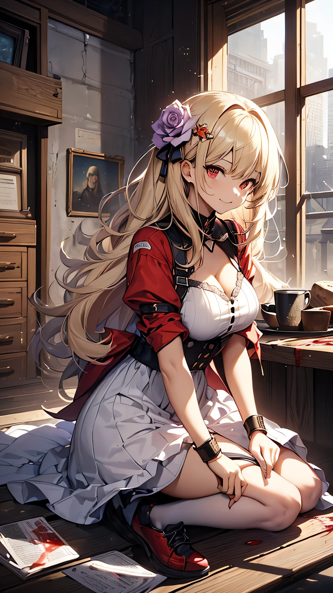 最high quality、best image quality、masterpiece、girl((18-year-old、 By becoming、vest bust、medium bust,wide open breast tea、red glowing eyes, blonde、messy hair、long hair、thin,highest valley、Show the whole body、white dress、long skirt、open chest、White wristband、red shoes、sexy、smile、Leaning forward、rose hair ornament、have a rifle、Whole body return blood)),high quality、beautiful art、background((office room))、Flight、debris flies、Depth of written boundary、movie、visual art、perfect art、8K,genuine、
