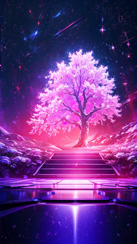 Describe the scene with the giant glowing cherry tree., starry sky,Colorful nebulae and your favorite constellations,There are no people,background only,milky way