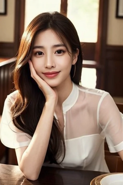 long hair、long slit eyes、Sexy gaze、Frilled blouse for working women、No glasses、gentle smile、naked eye、sexy、My mouth is empty、
night、smile、pamper、Sit at the table、The hand that rests on the cheek is the chin