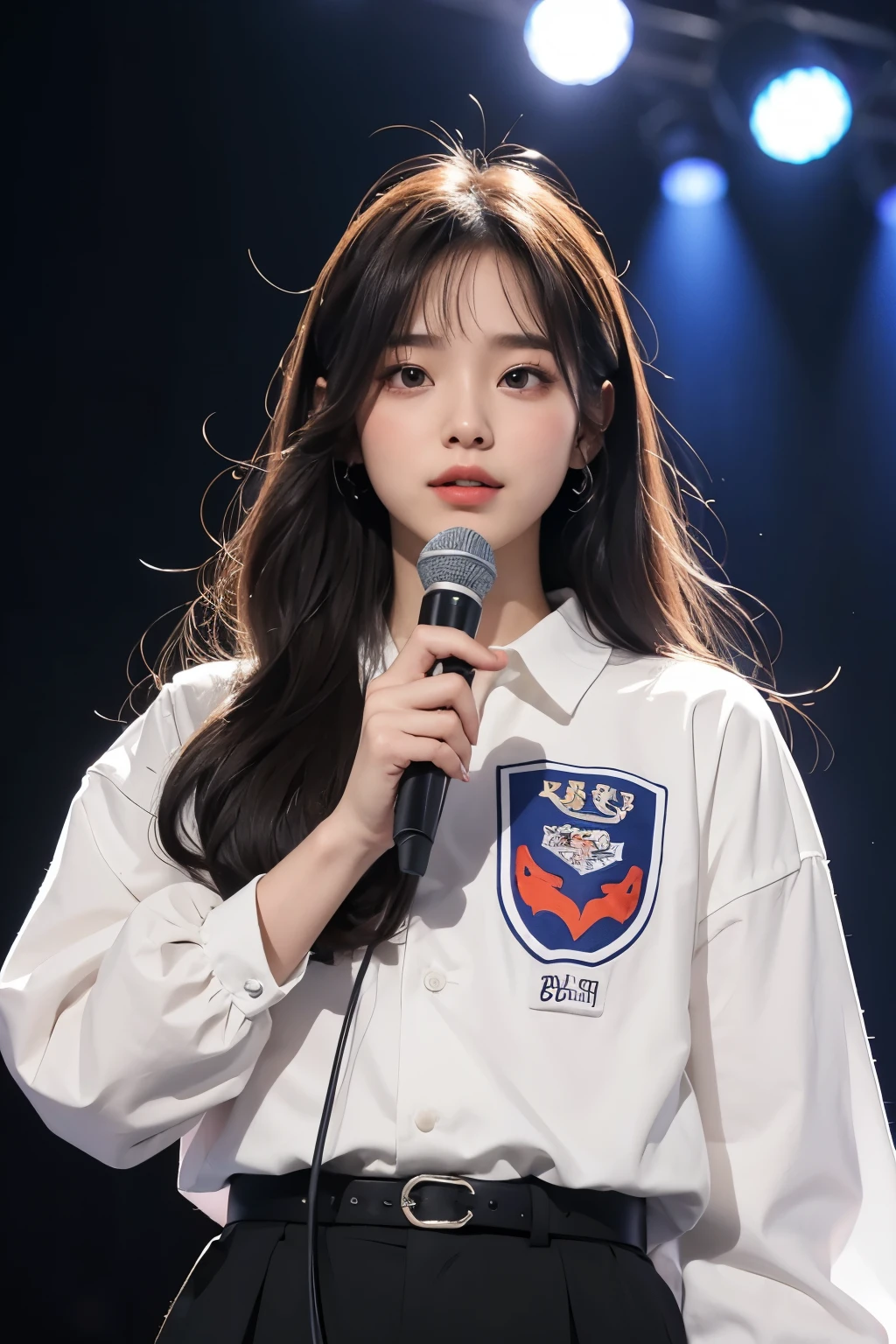 masterpiece, best quality, 8 thousand, 24 years old, photo beast, absurd, award-winning portraits, pure, korean beauty, spring, stage with electronic display, laces, cute, right, healthy, Beloved, perfect hands, Girl singing while holding the microphone far away, fluttering hair, Random Actions, 무작위 clothes, (clothes:random color), Popular hairstyles in Korea,