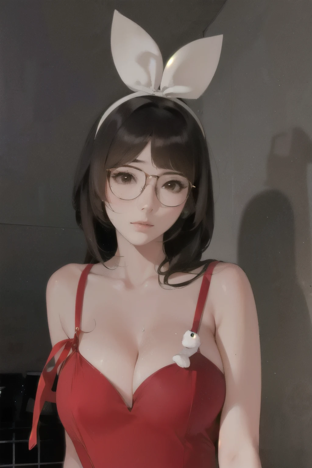 a close up of a woman wearing glasses and a red dress, with bunny ears, with glasses, xintong chen, wenfei ye, with long floppy rabbit ears, headshot profile picture, shikamimi, with big rabbit ears, ulzzang, chiho, xision wu, Yoshitomo Nara, jaeyeon nam