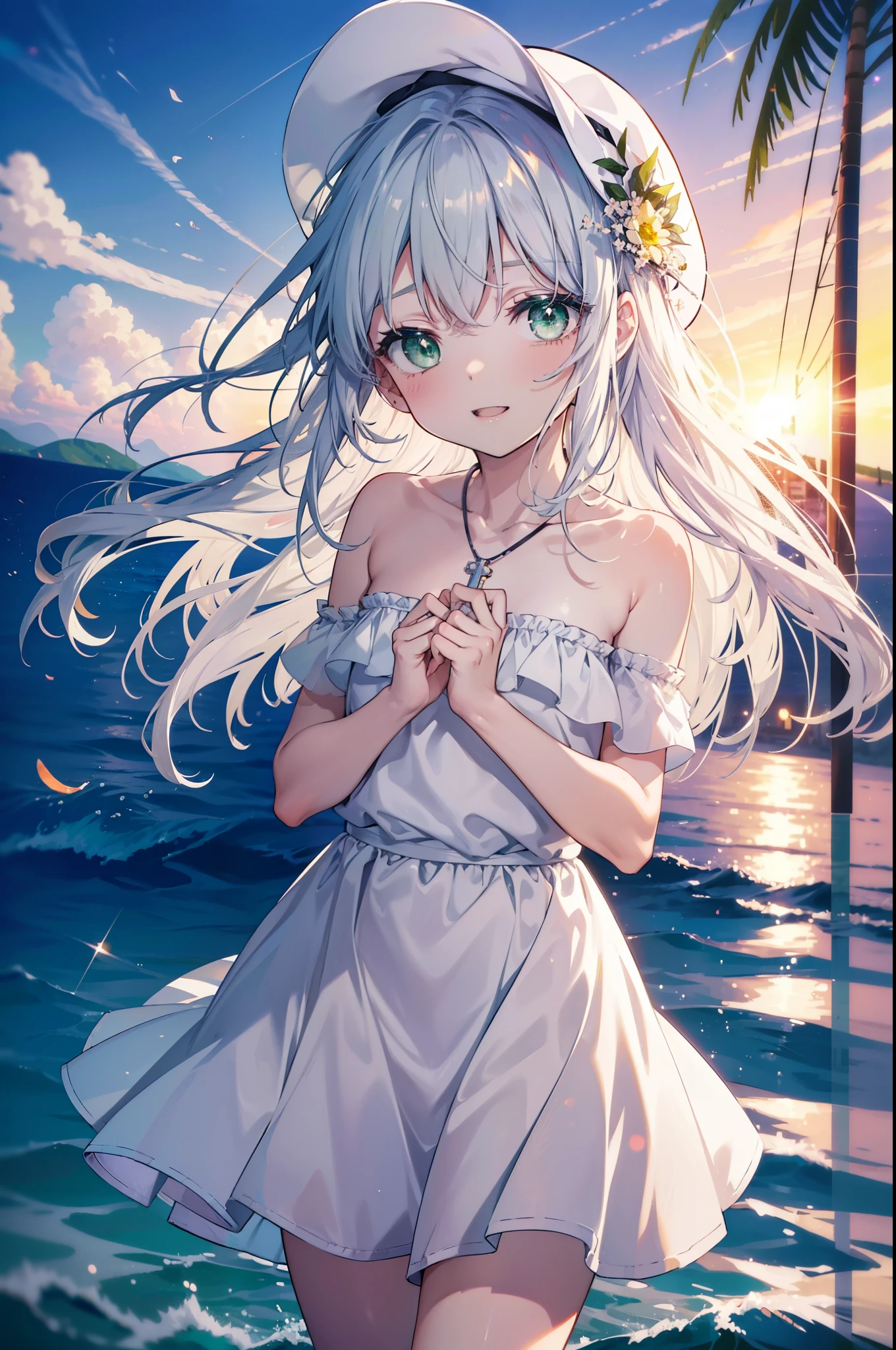 index, index, (green eyes:1.5), silver hair, long hair, (flat chest:1.2),cross pendant necklace,white hat,白色ロングskirt一体型ワンピース,barefoot,skirt,naked neck,bare clavicle,bare shoulders,bare arms,happy smile, smile, open your mouth,beachのsandy beachを散歩しながら、Silver hair fluttering in the breeze, sunset,evening,The sun is setting on the horizon,
break looking at viewer, Upper body, whole body,(cowboy shot:1. 5)
break outdoors, beach,sandy beach,
break (masterpiece:1.2), highest quality, High resolution, unity 8k wallpaper, (figure:0.8), (detailed and beautiful eyes:1.6), highly detailed face, perfect lighting, Very detailed CG, (perfect hands, perfect anatomy),