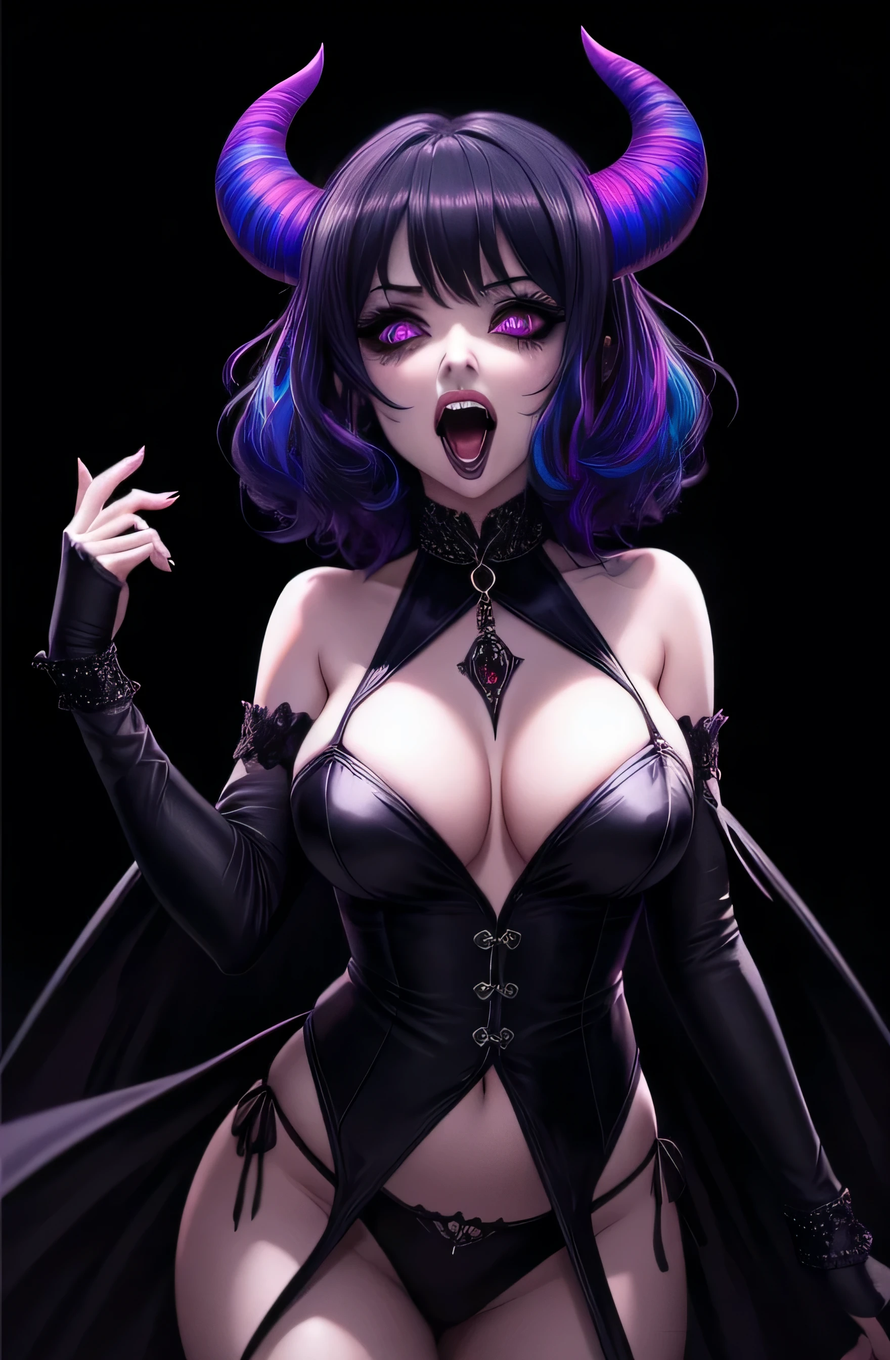 a sexy devious succubus, horns, screaming in ecstasy, ominous, hourglass figure, wicked, erotic mood, horror theme, (triadic color scheme:1.5), high quality, , masterpiece, her mouth open wide. eye close, sexual face expression.